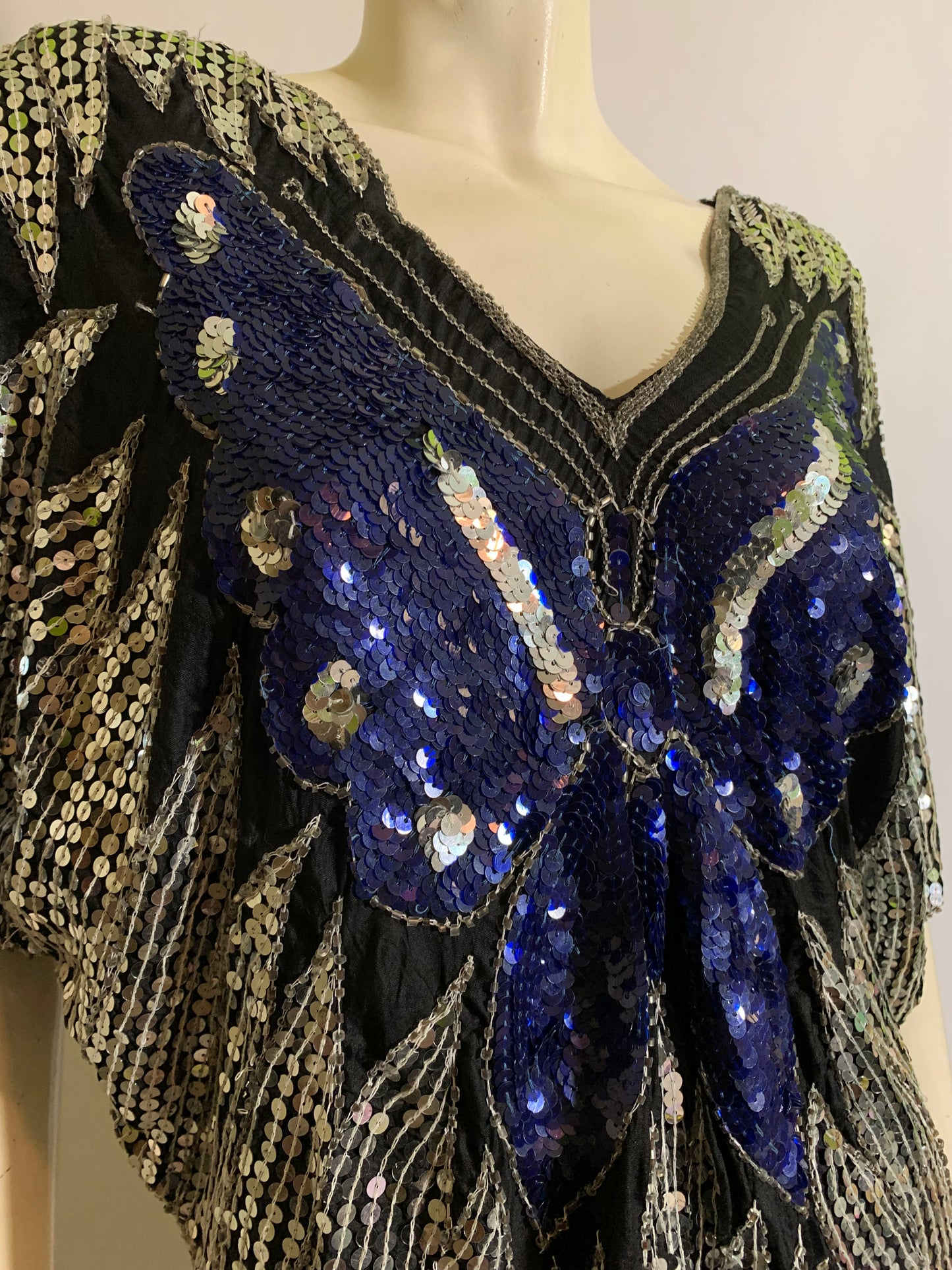Silver and Blue Disco Butterfly Sequined Silk Top circa 1970s