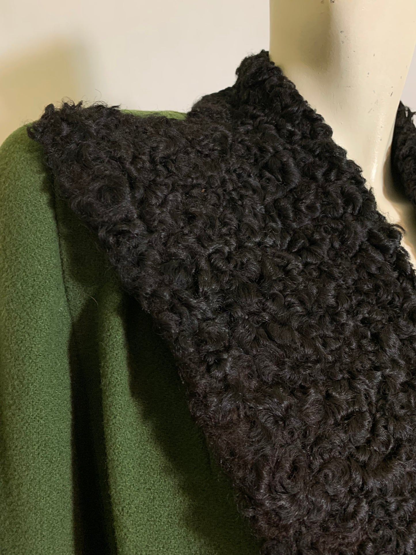 Olive Green Wool Coat with Dramatic Black Persian Lamb Collar circa 1940s
