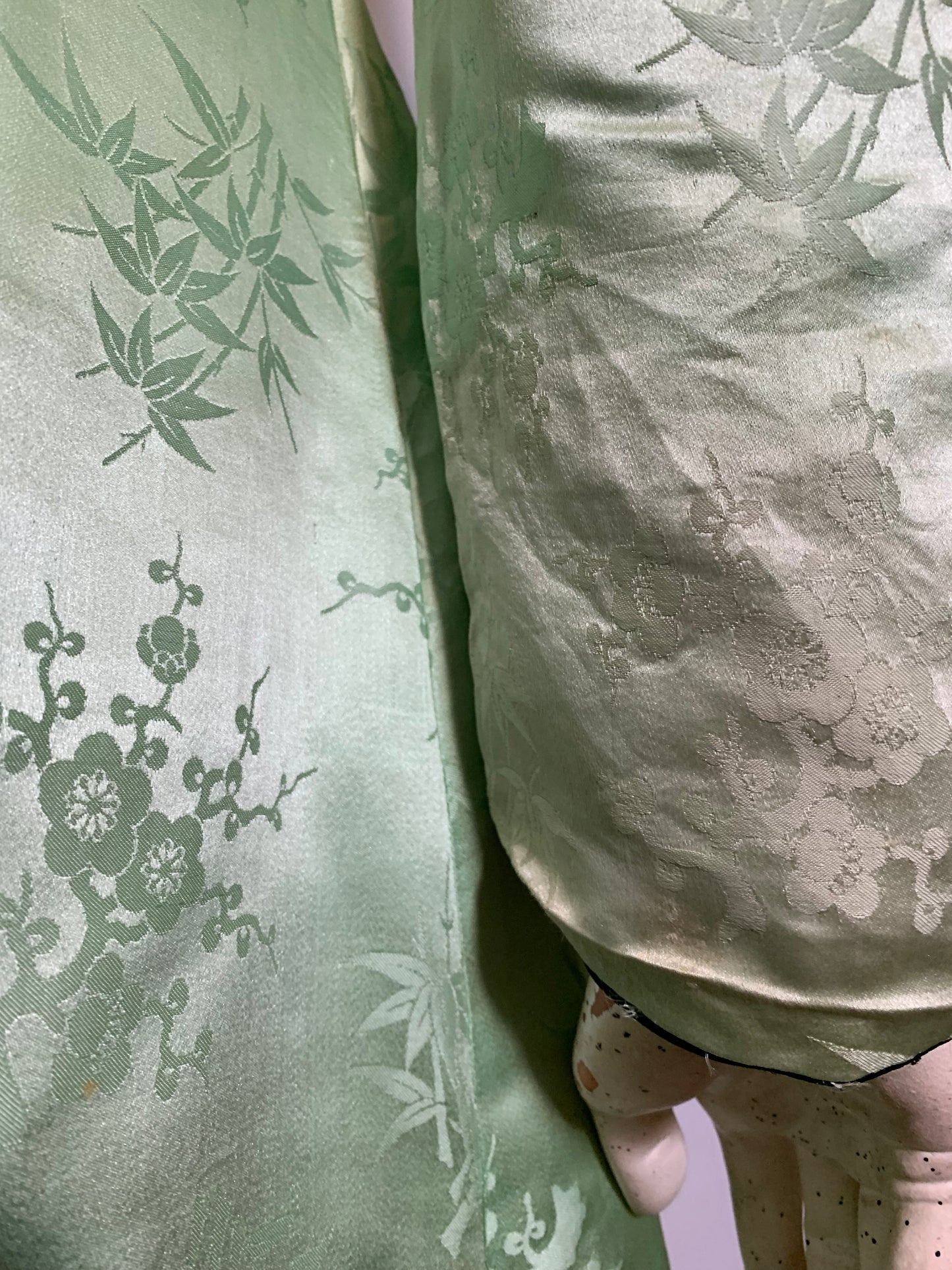 Seafoam Chinese Silk and Black Silk Charmeuse Bell Sleeve Dressing Gown Robe circa 1940s