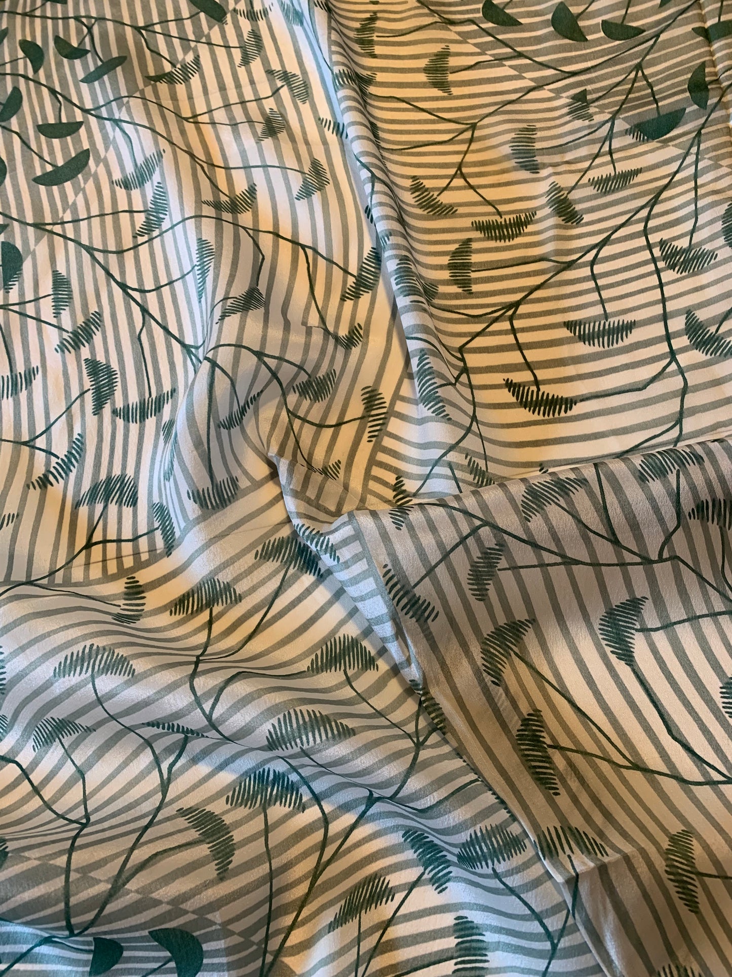 Stylized Green Leaf Print Square Scarf circa 1970s