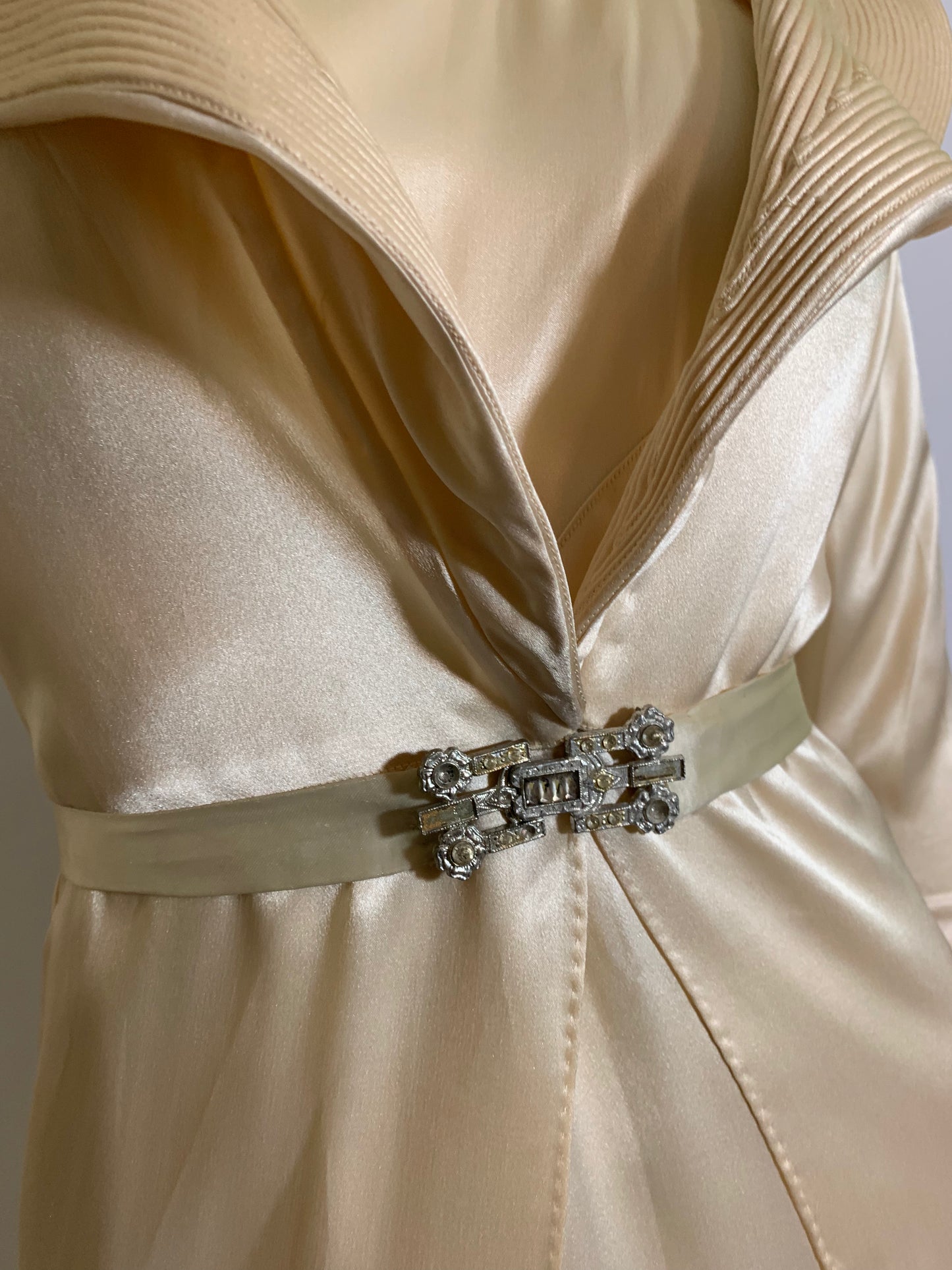 Art Deco Ivory Silk Wedding Dress with Long Train Jacket and Rhinestone Belt circa 1930s