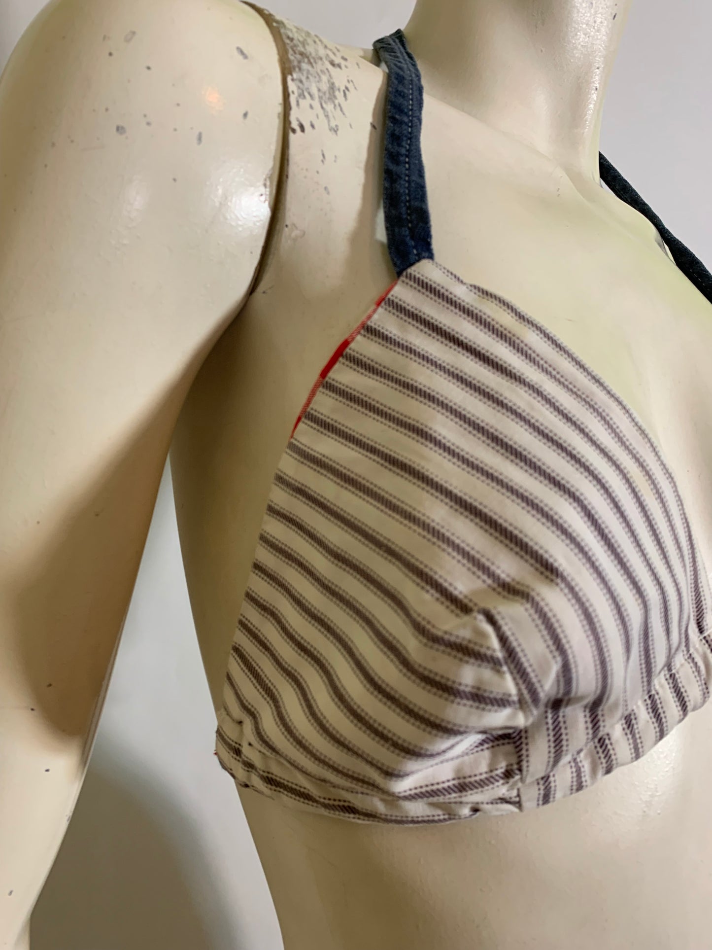 Ticking Striped Bikini Top with Red Gingham Reverse circa 1970s