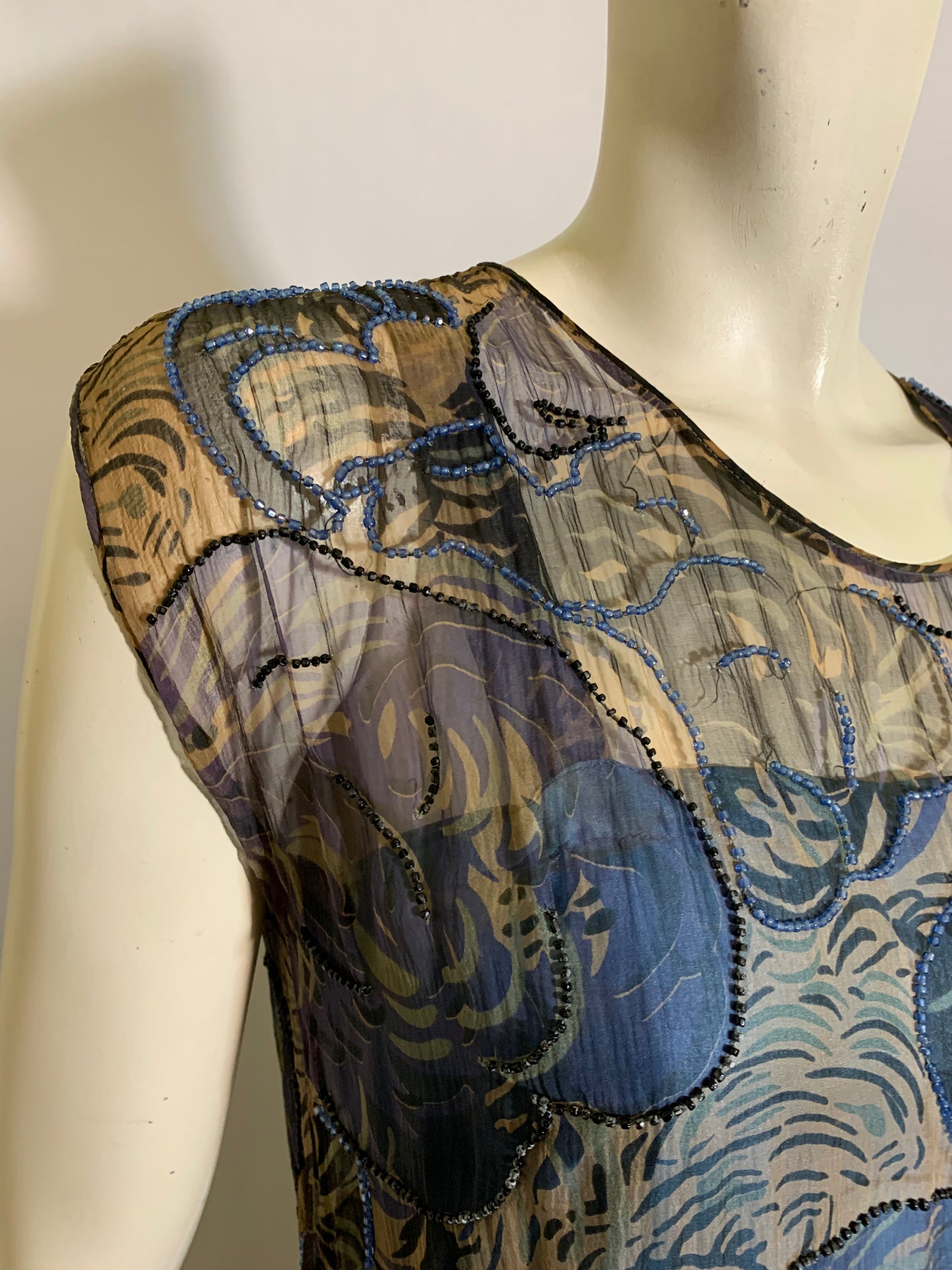 Vivid Blue Feather Plume Print Beaded Silk Chiffon Dropped Waist Dress circa 1920s