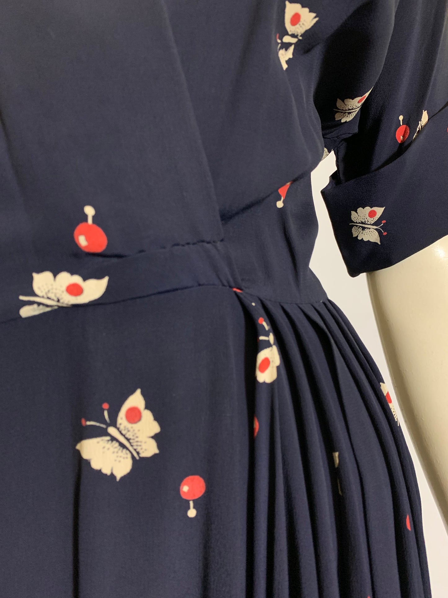 Currants and Butterflies! Deep Blue Rayon Surplice Bodice Dress circa 1940s