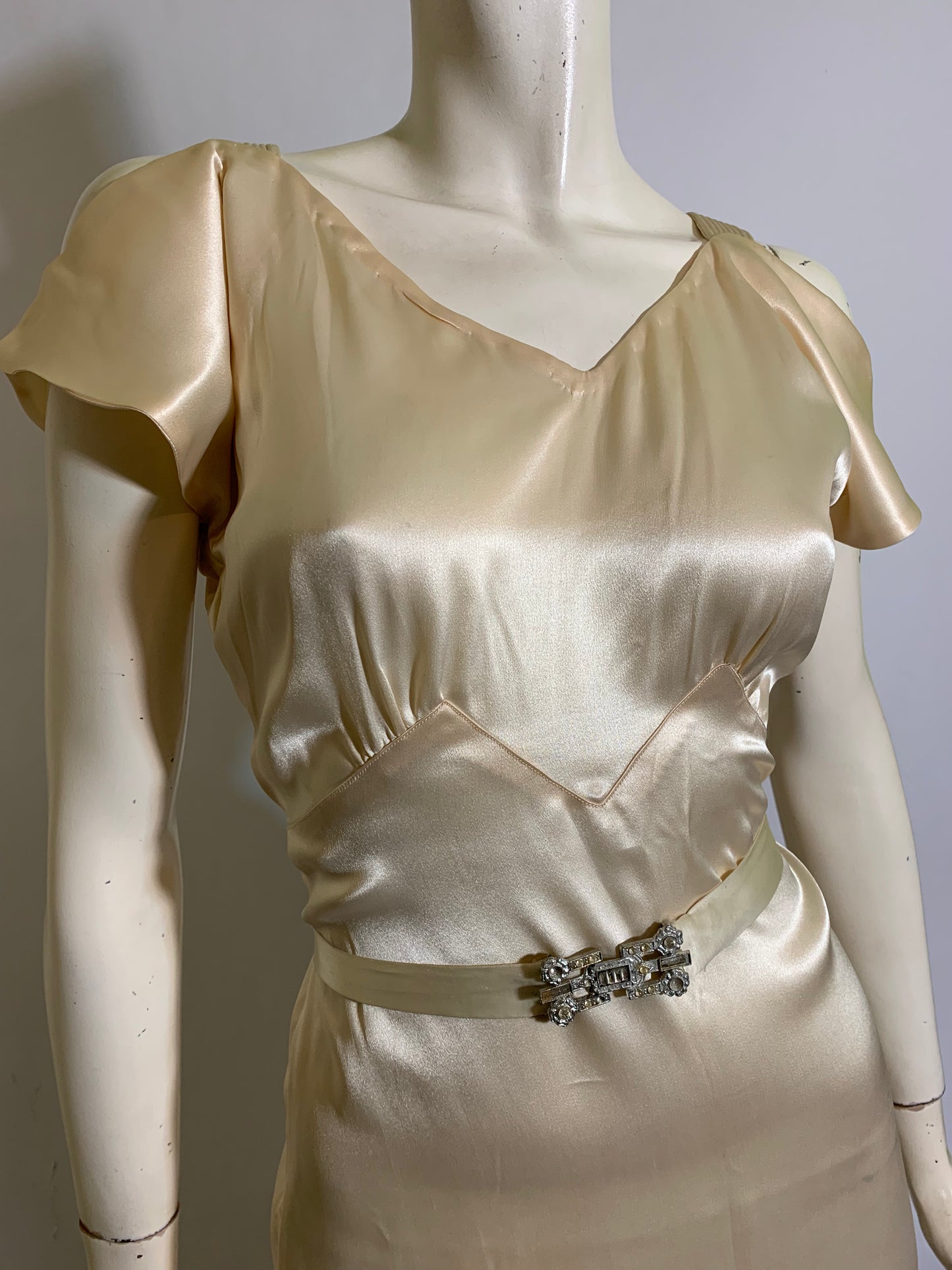 Art Deco Ivory Silk Wedding Dress with Long Train Jacket and Rhinestone Belt circa 1930s