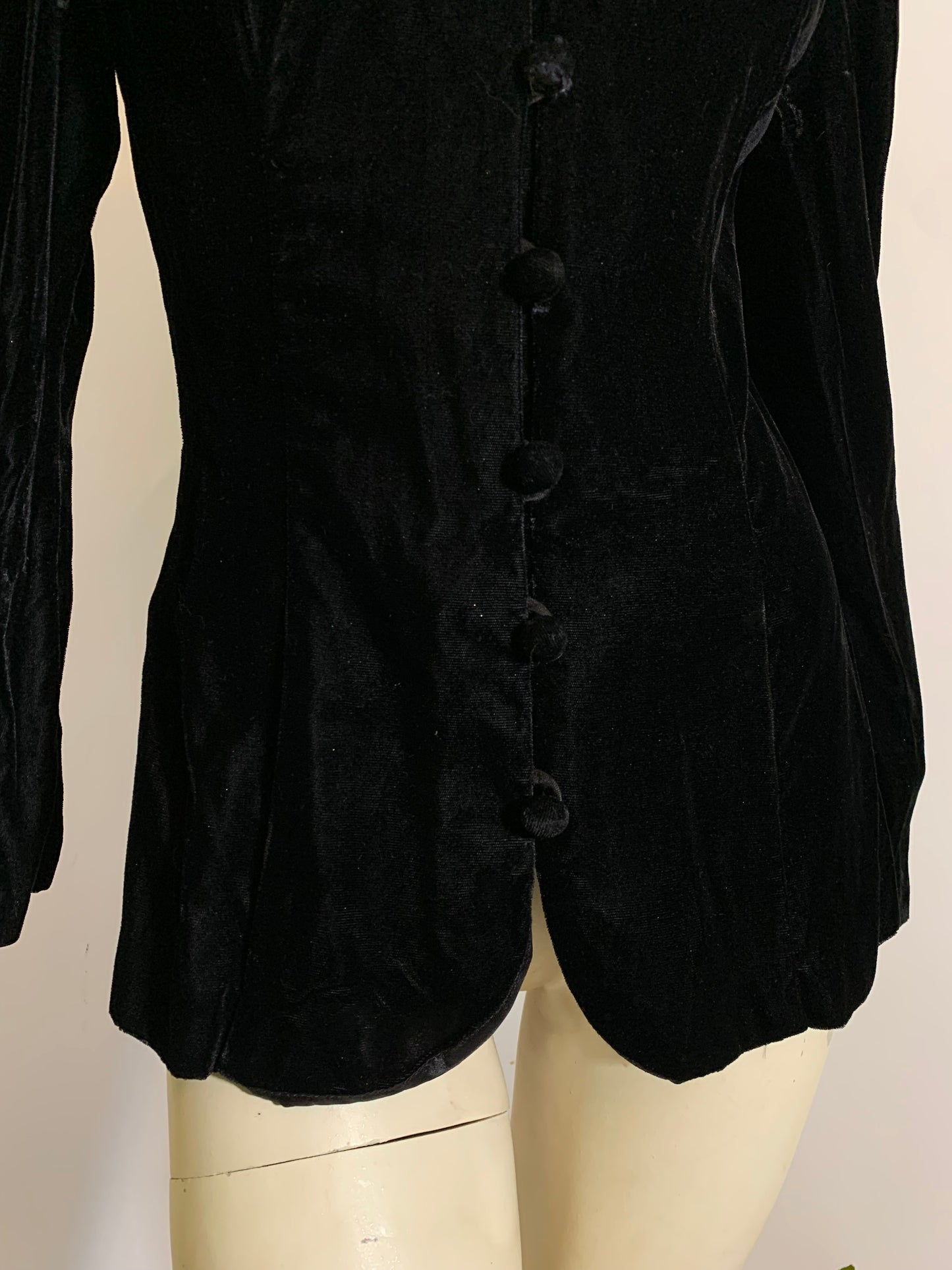 Noir Diva Black Velvet Nipped Waist Jacket with Lace Trim circa 1980s