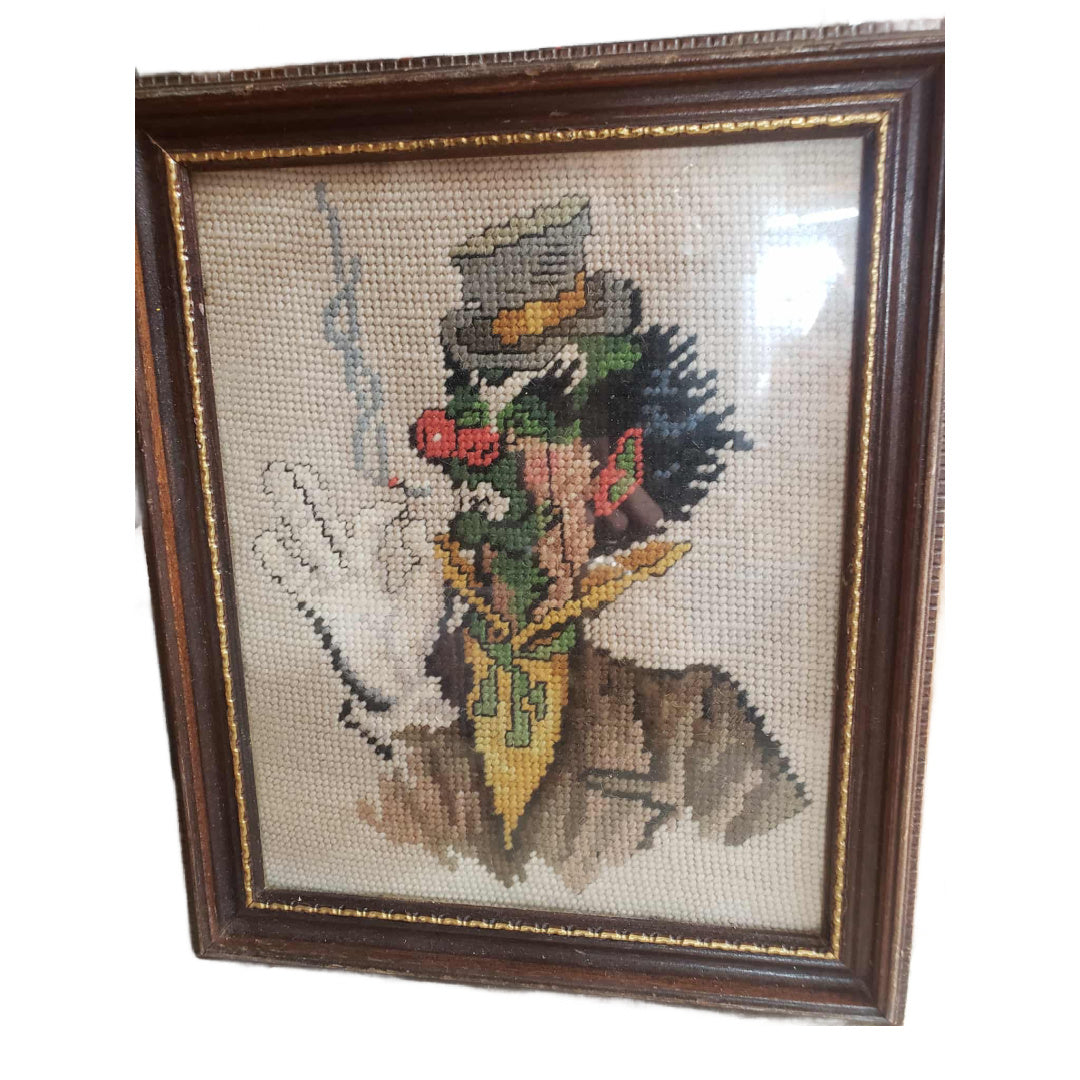Needlepoint Vintage Smoking Clown Wall Hanging