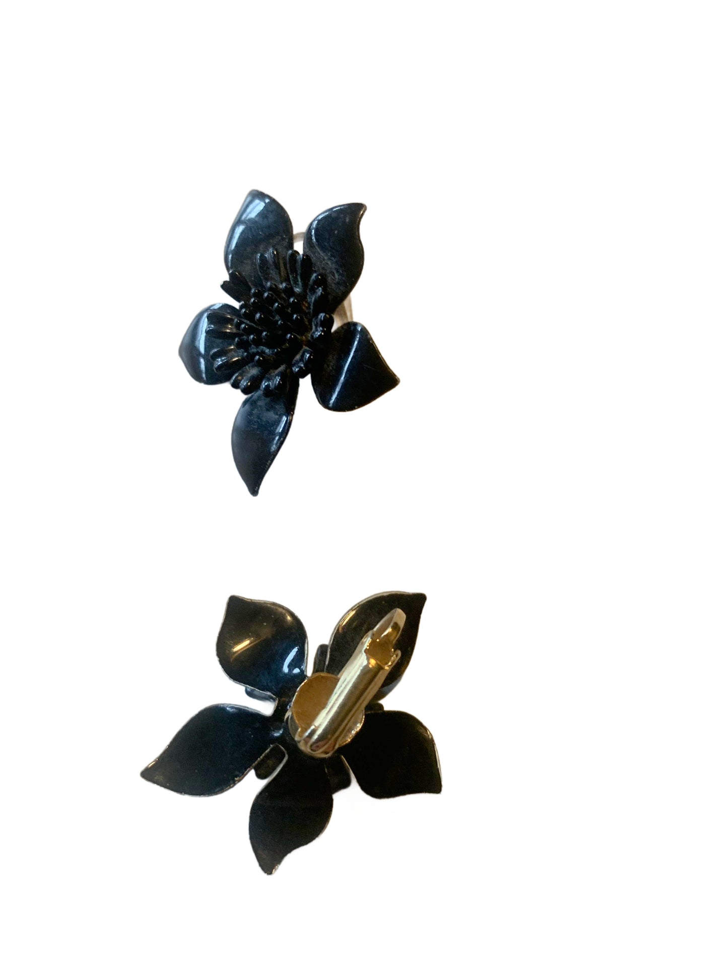 Enameled Metal Black Flower Clip Earrings circa 1960s