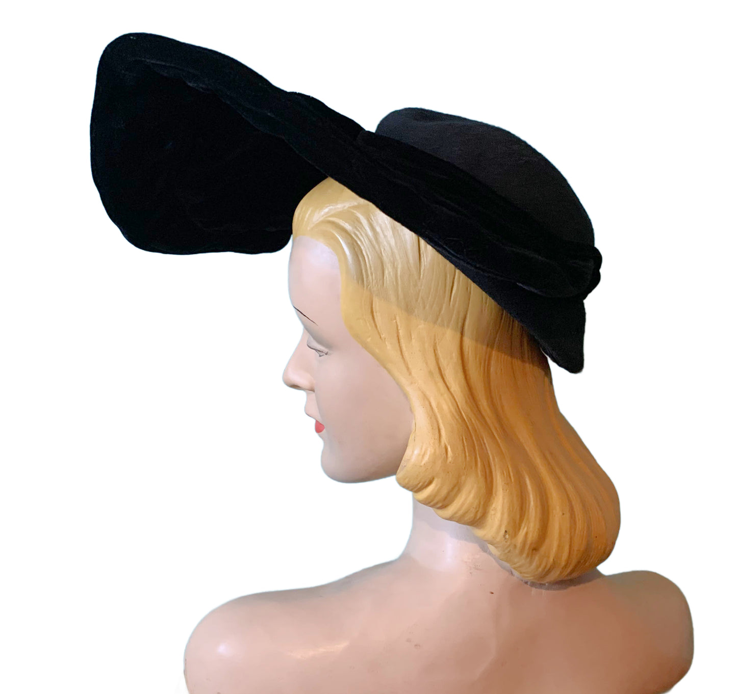 Black Velvet Hat with Wired Half Round Wide Brim circa 1940s