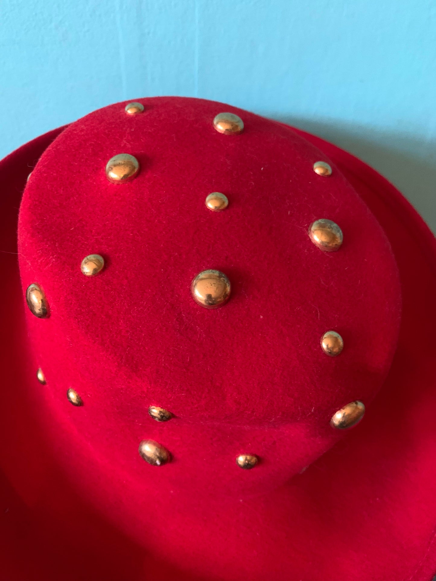 Lipstick Red Wool Hat with Golden Domed Metal Studs circa 1980s