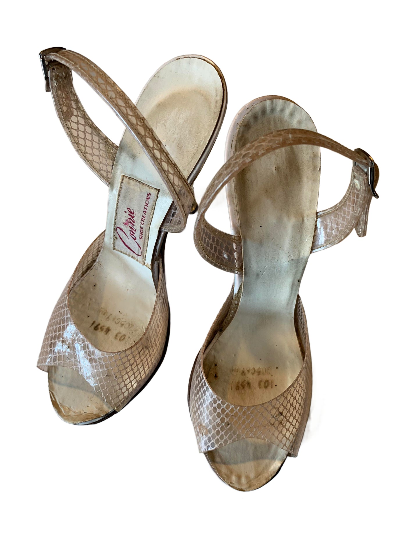 Nude Fishnet Clear Vinyl and Etched Lucite Peep Toe Shoes with Rhinestones circa 1950s 6 N