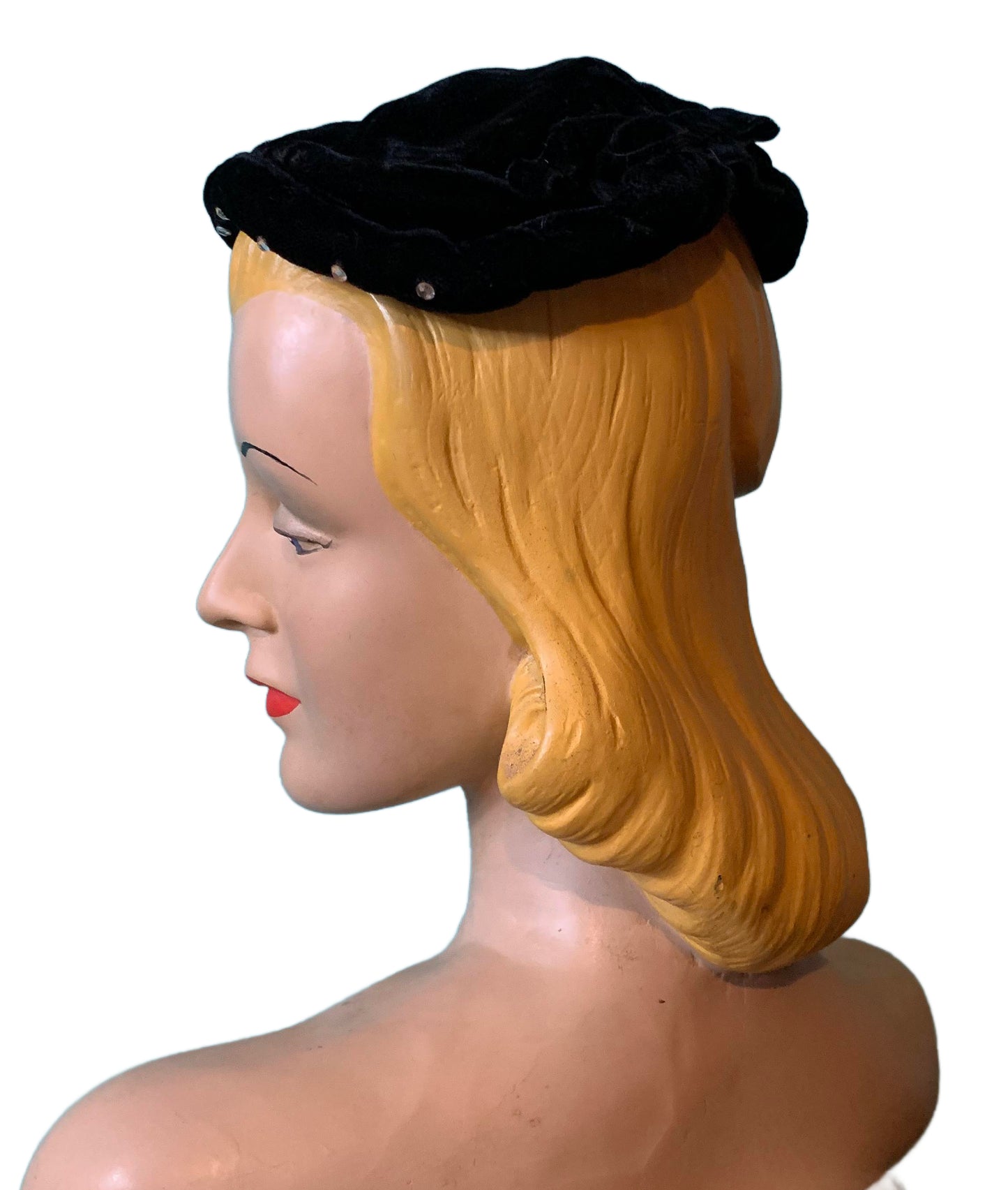 Black Velvet Rolled Front Cocktail Juliette Cap Hat with Rhinestones circa 1950s