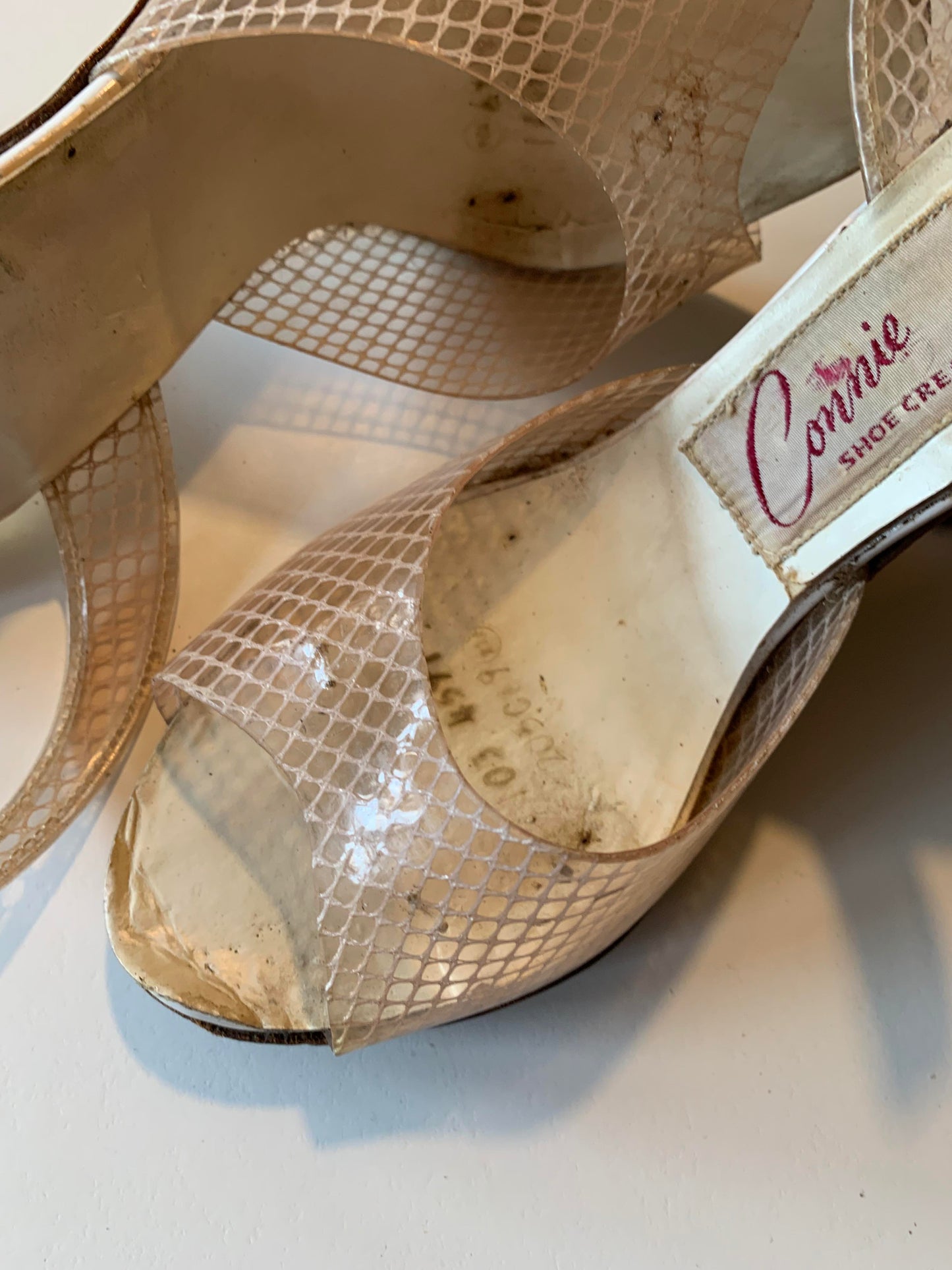 Nude Fishnet Clear Vinyl and Etched Lucite Peep Toe Shoes with Rhinestones circa 1950s 6 N