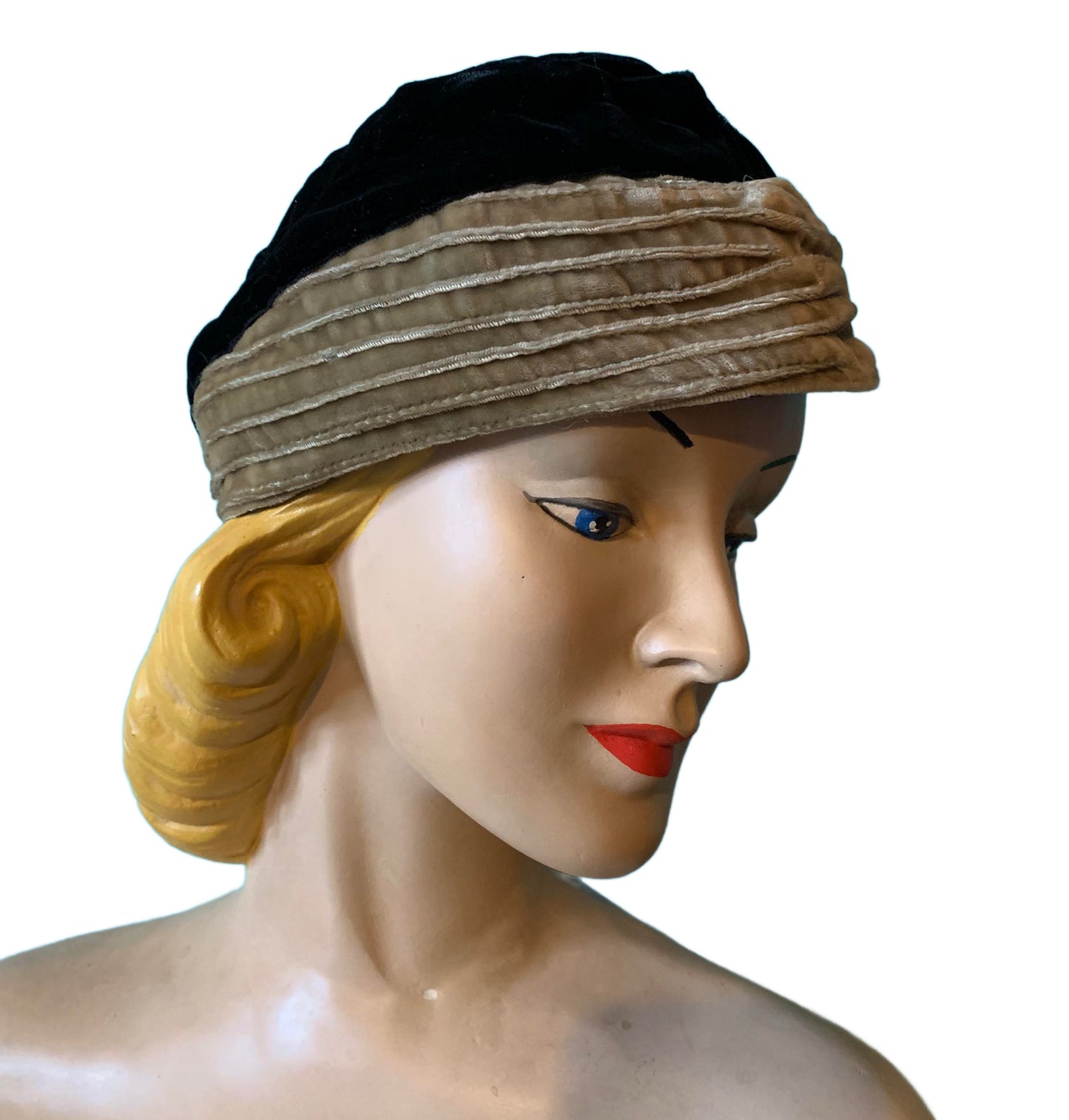 Silk Velvet Black and Golden Tan Close Fit Hat circa 1930s