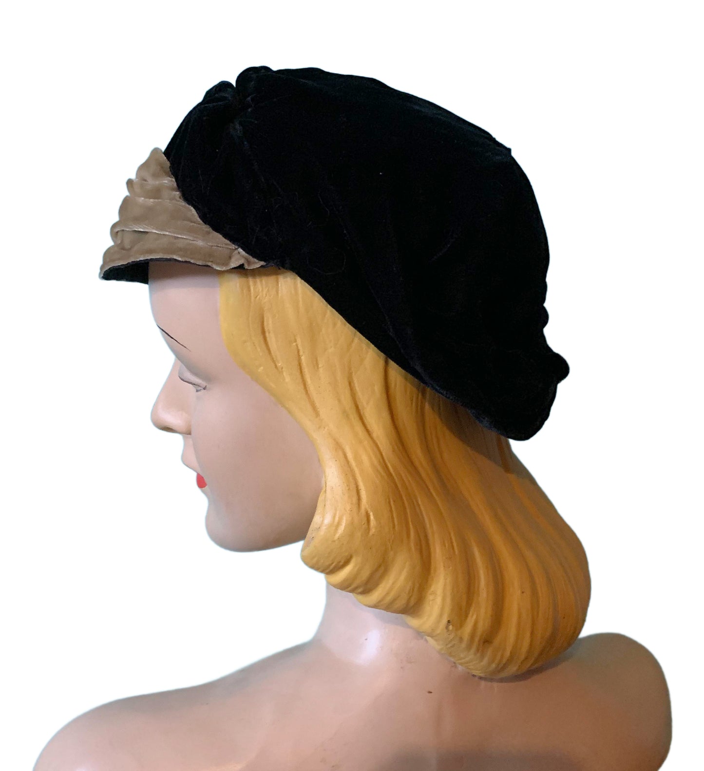 Silk Velvet Black and Golden Tan Close Fit Hat circa 1930s