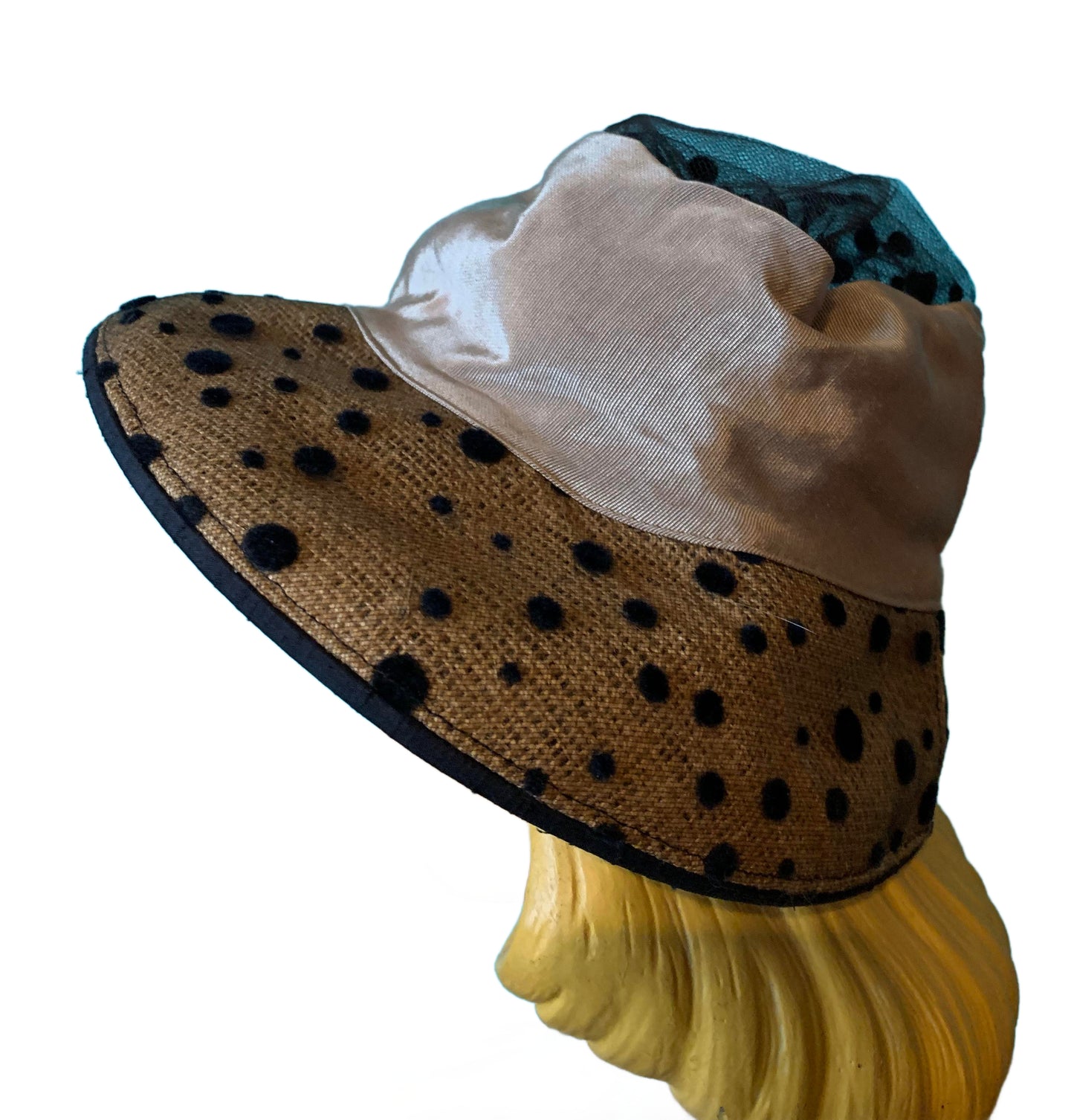 Burlap Brim Open Crown Hat with Black Polka Dot Netting circa 1940s