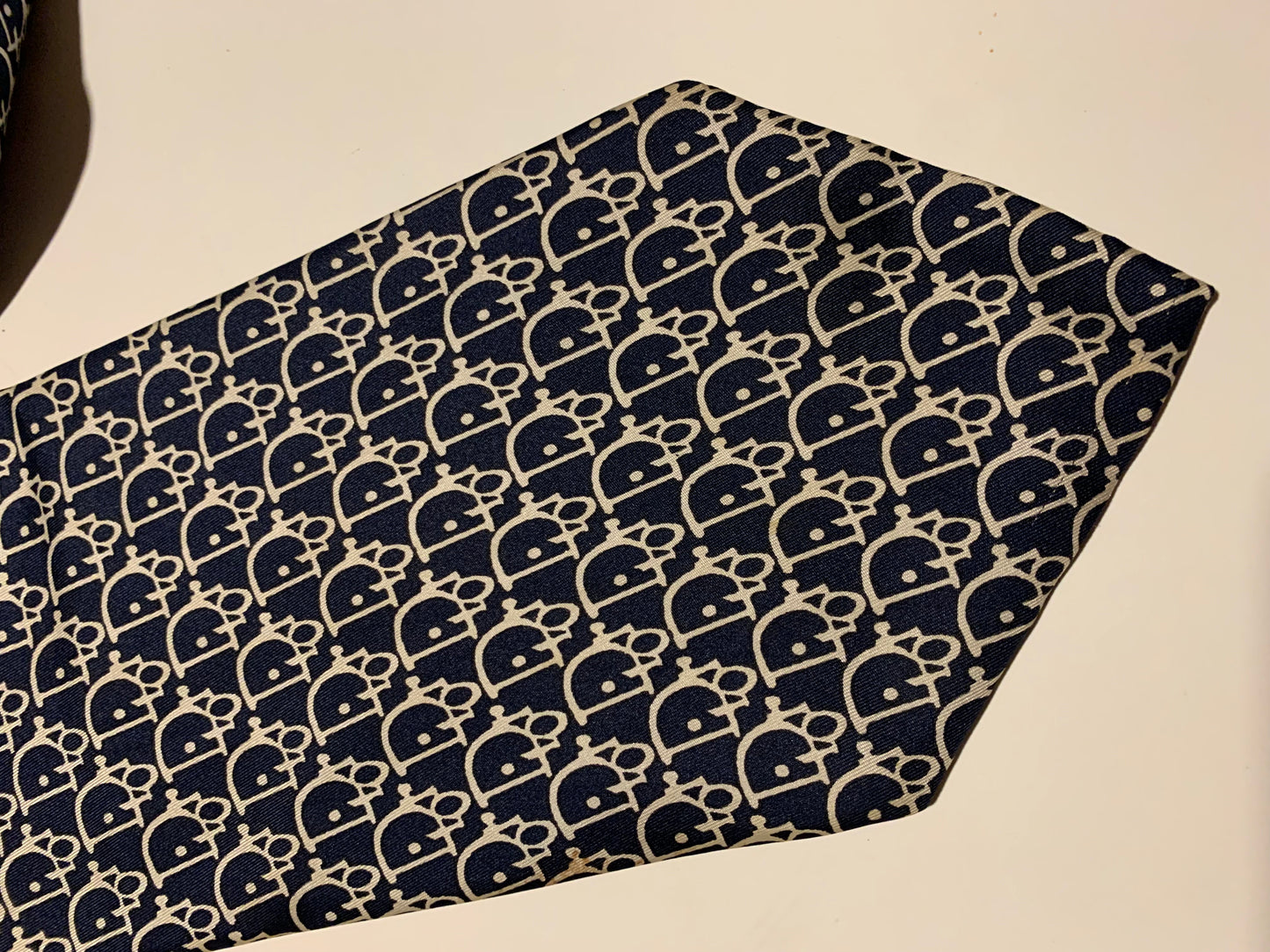 Christian Dior Logo Design Blue and White Silk Men's Tie circa 1990s