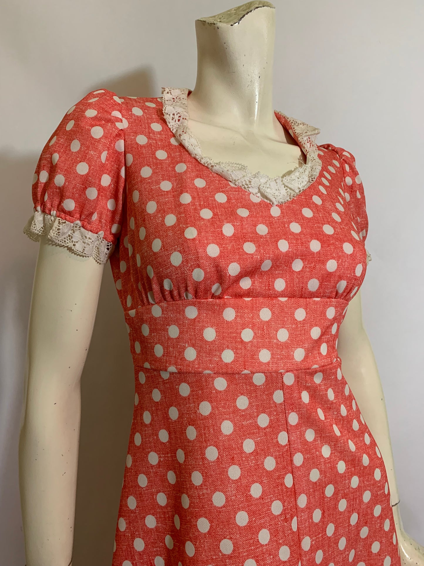 Pink and White Empire Waist Puff Sleeved Polka Dot Maxi Dress circa 1970s