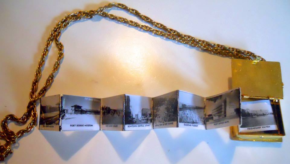 Iowa State Souvenir Necklace Fort Dodge Photo Book Locket circa 1960s