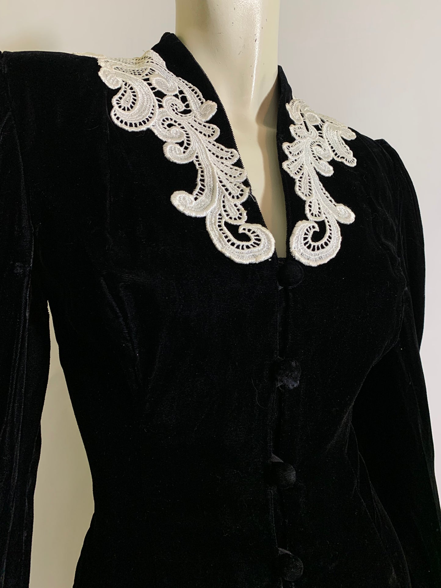 Noir Diva Black Velvet Nipped Waist Jacket with Lace Trim circa 1980s