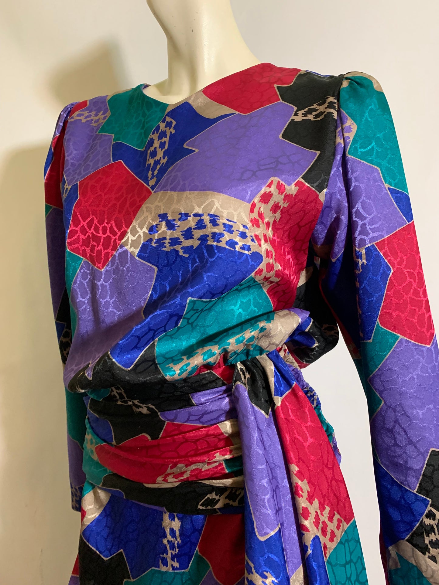 Black and Bright Colors Abstract Print Blouson Bodice Dress circa 1980s