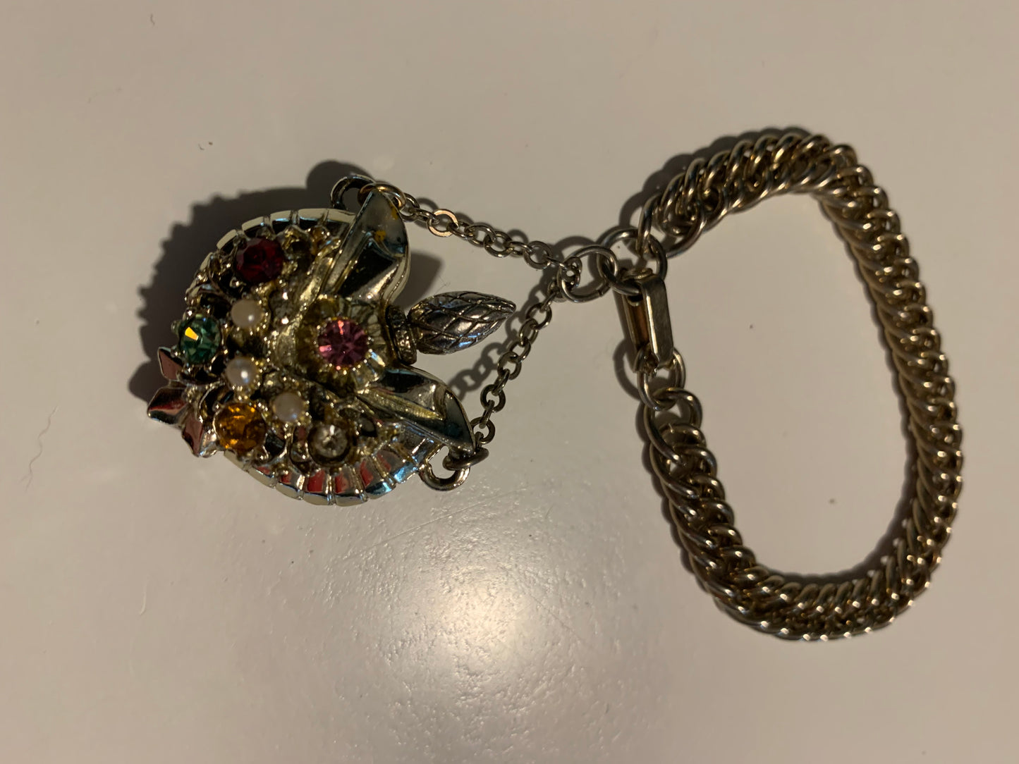 Colored Rhinestone Accented Perfume Bottle Charm on Chain Bracelet circa 1950s