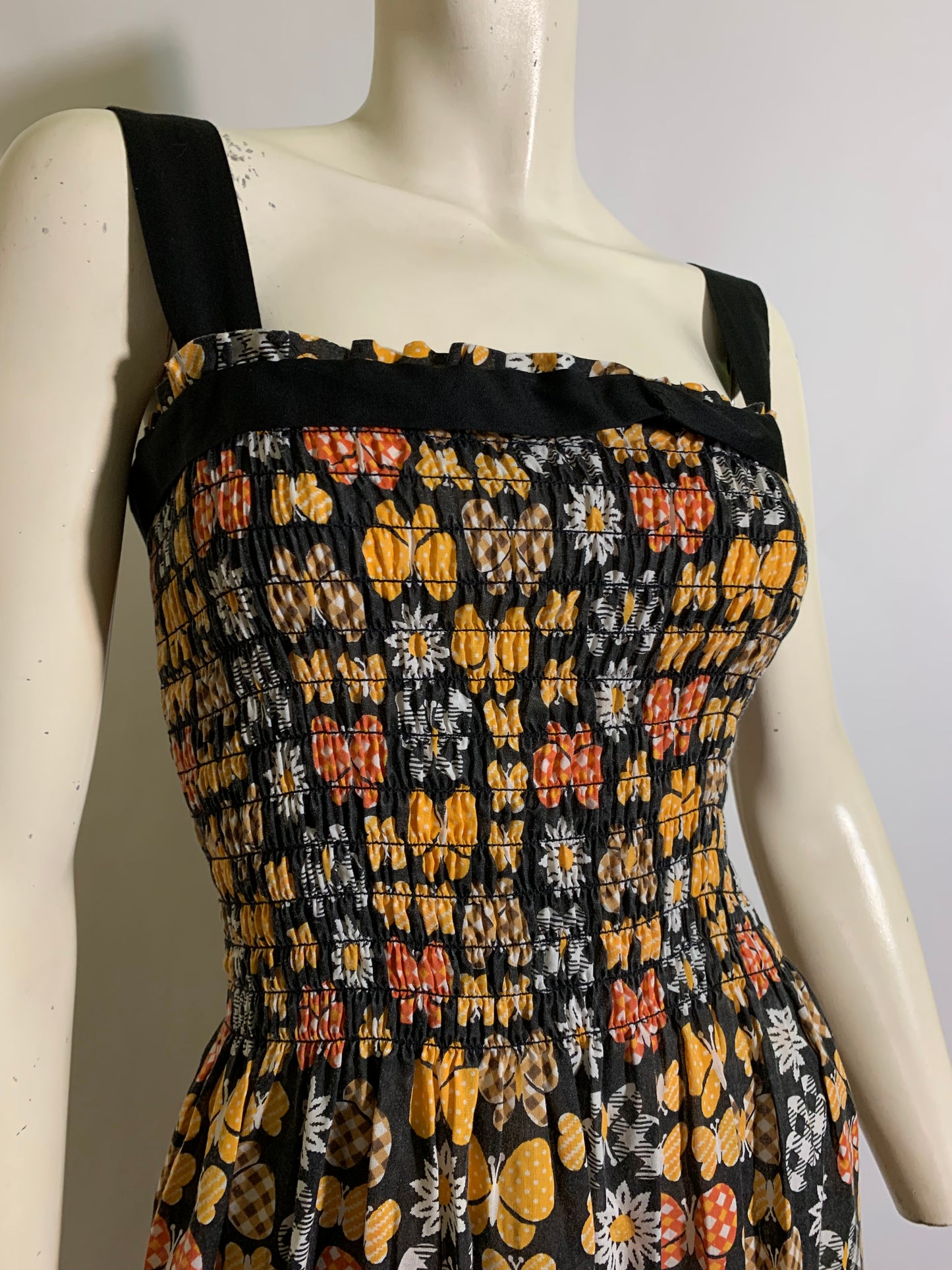 Smocked Bodice Butterfly Print Cotton Sun Dress circa 1970s