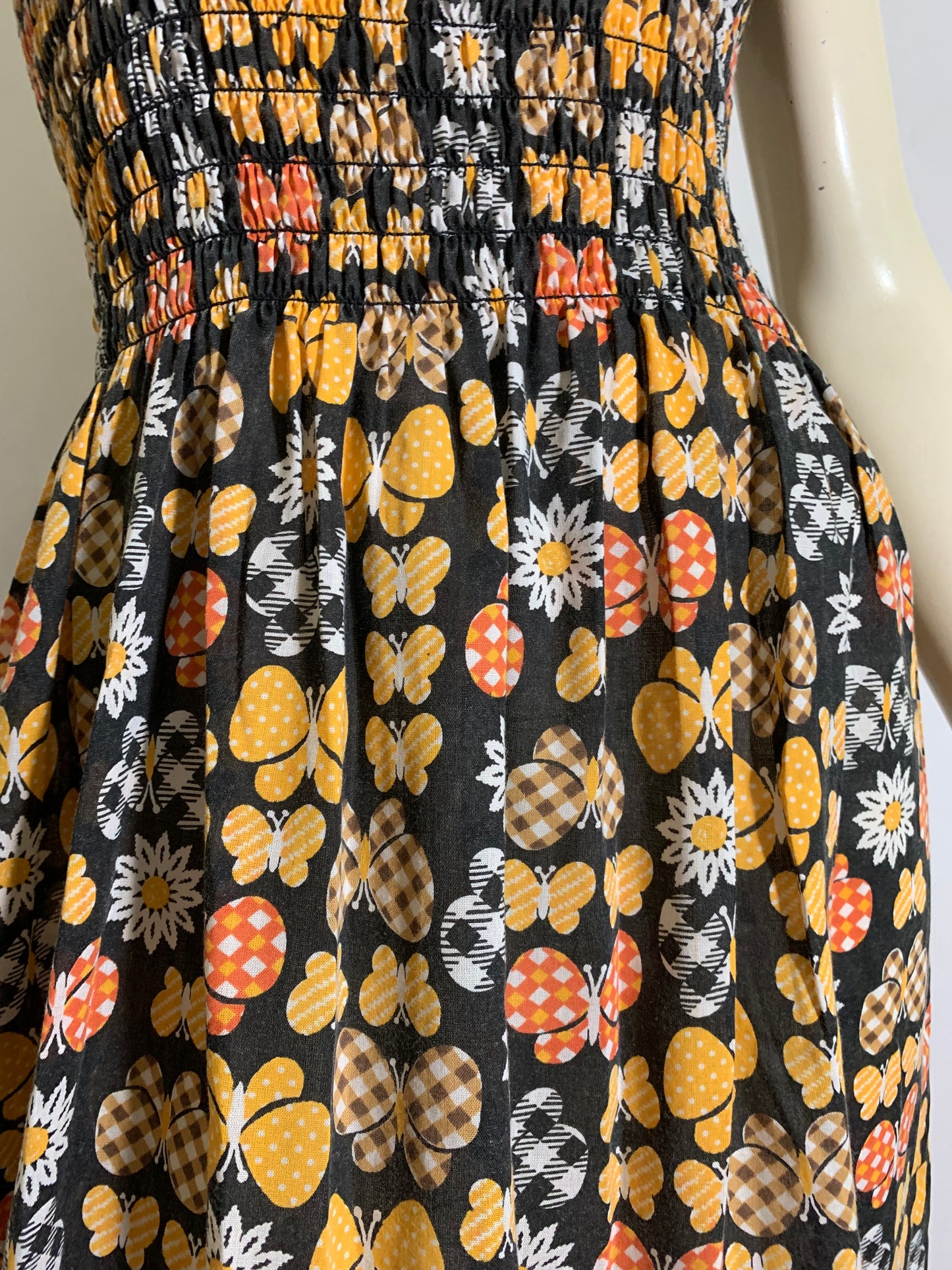 Smocked Bodice Butterfly Print Cotton Sun Dress circa 1970s