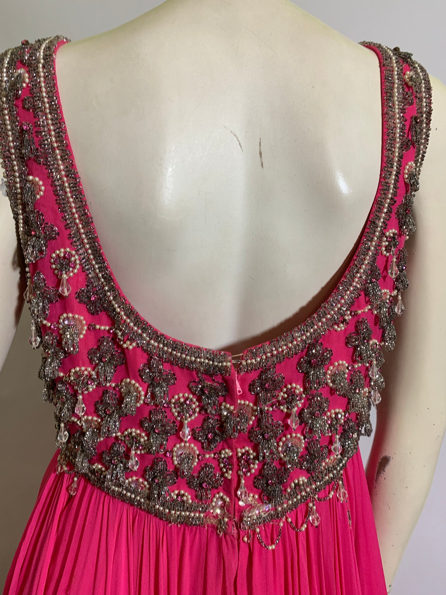 Shocking Pink Empire Waist Beaded Silk Chiffon Dress circa 1960s