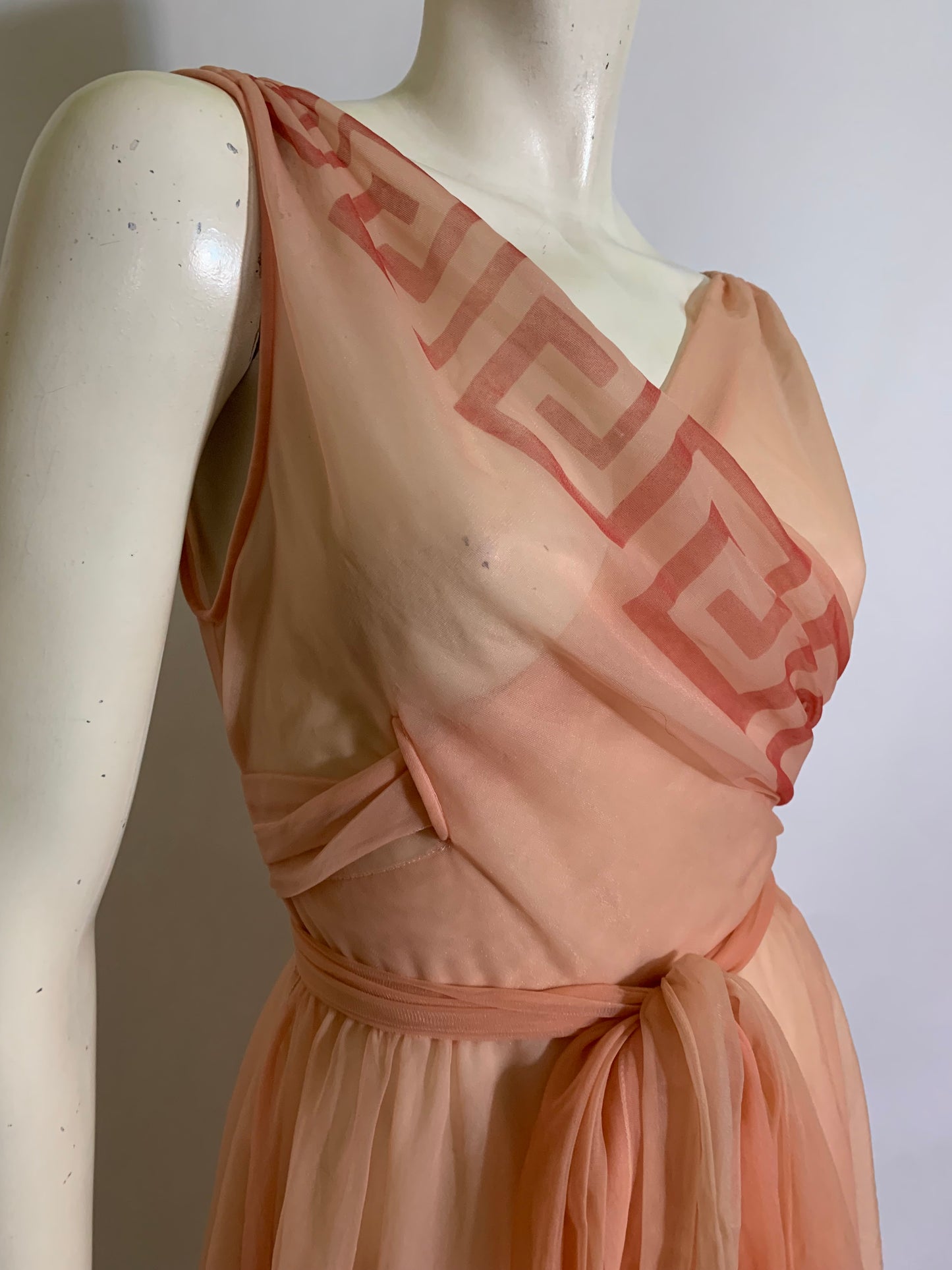 Rare Peach Chiffon Nightie with Greek Key Design circa 1950s
