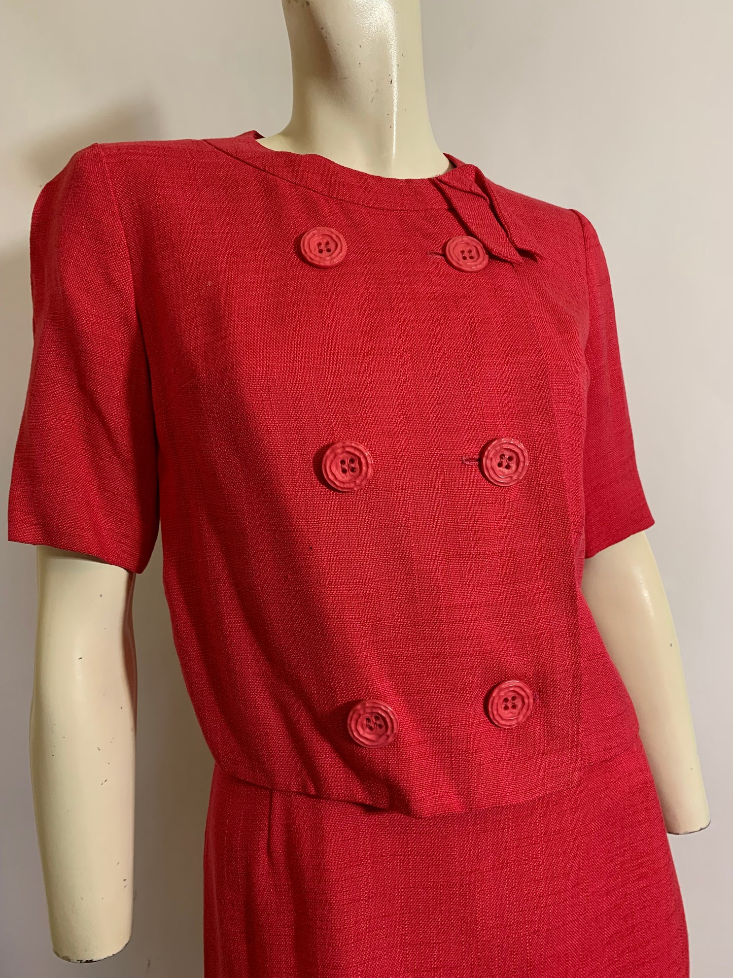 Peony Pink Linen Look 3 Pc Dress Set with Sweater circa 1960s