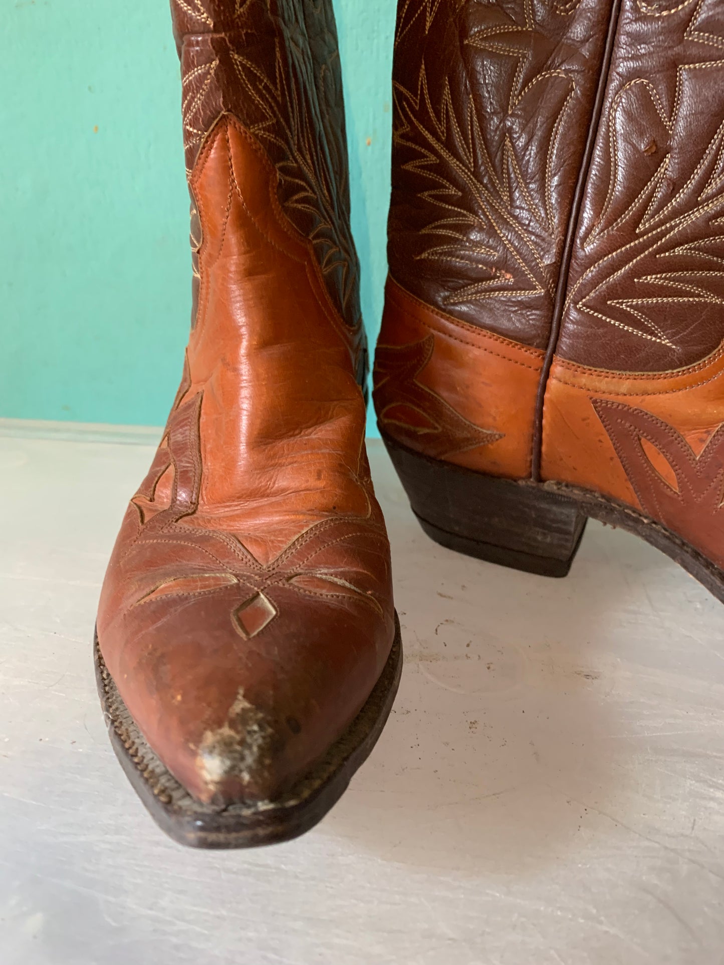 Westex Top Stitched Cognac and Brown Leather Calf High Western Boots circa 1960s