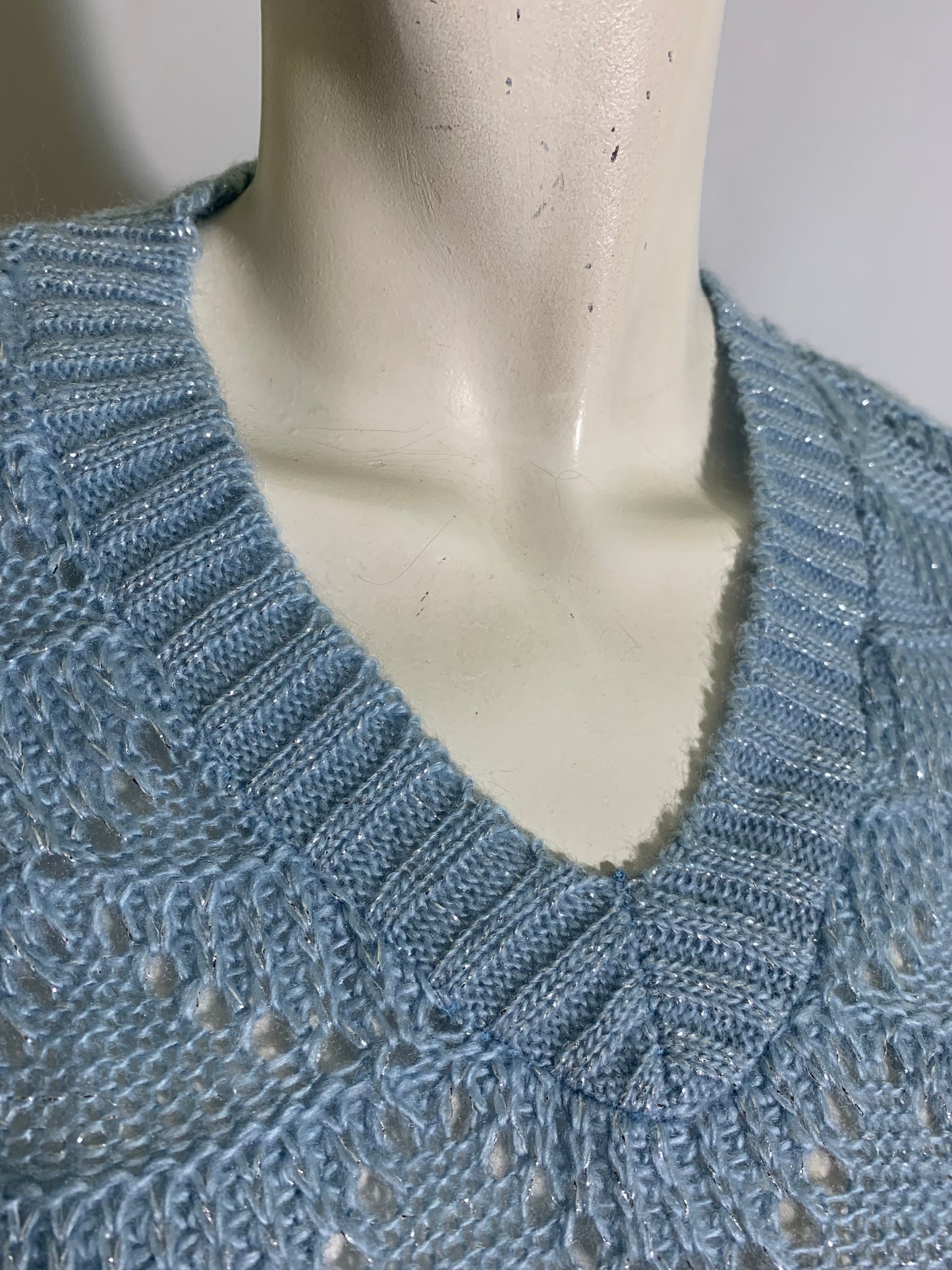 Sky Blue V Neck Sweater with Silver Metallic Threads circa 1970s