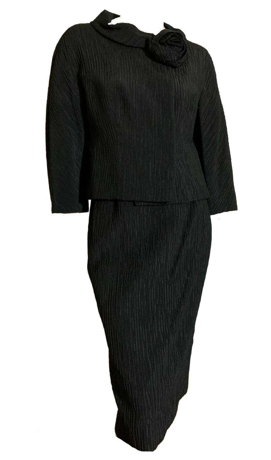 Elegant and Chic Black Textured Silk Cropped Jacket Suit with Flower circa 1960s