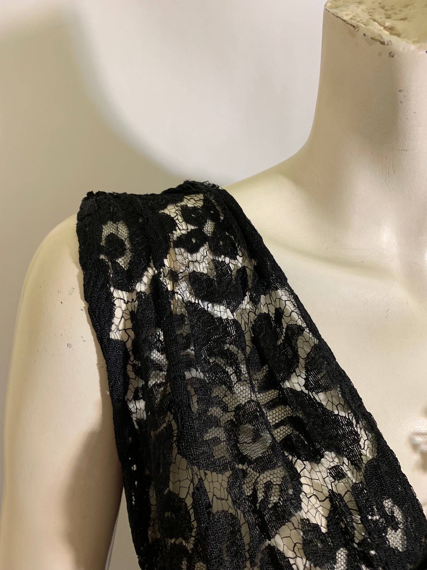Sultry Black Lace Full Length Evening Dress with Silk Flowers, Butterfly and Ribbon circa 1930s