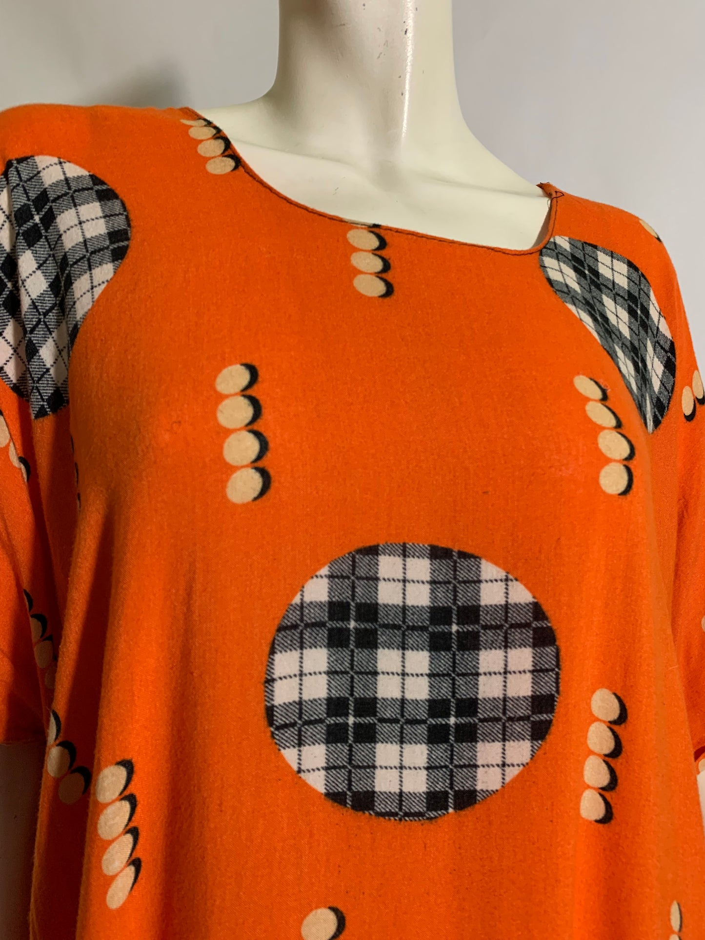 Art Deco Print Orange and Black Rayon Tunic Dress circa 1980s