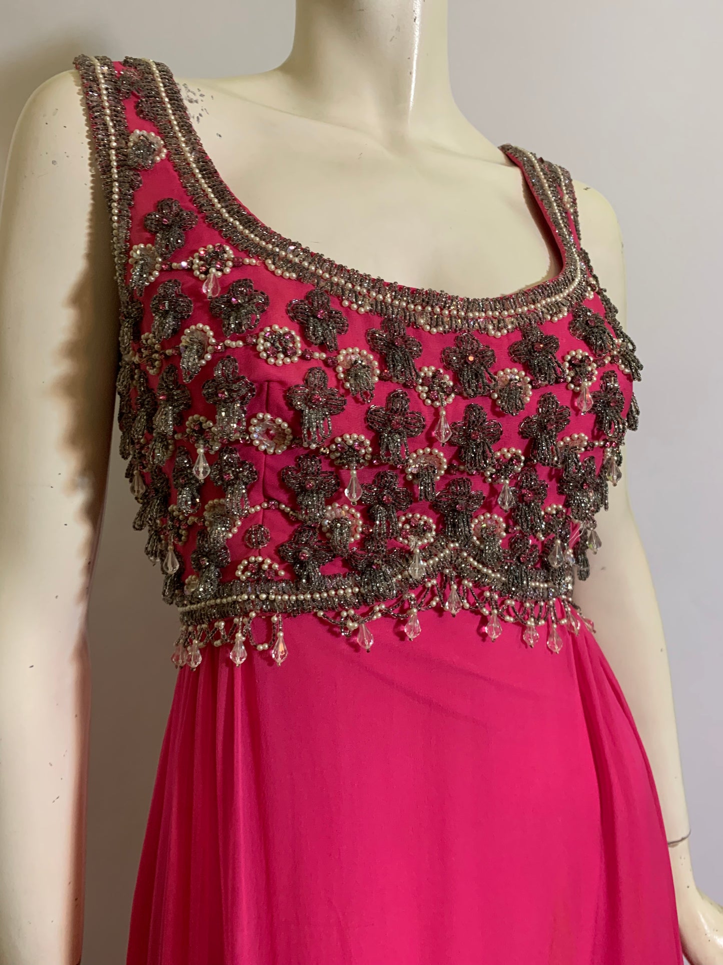 Shocking Pink Empire Waist Beaded Silk Chiffon Dress circa 1960s