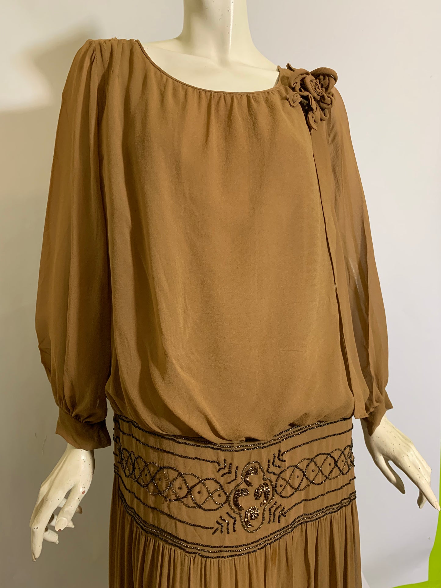 Cinnamon Silk Blouson Dropped Waist Beaded Dress circa 1920s