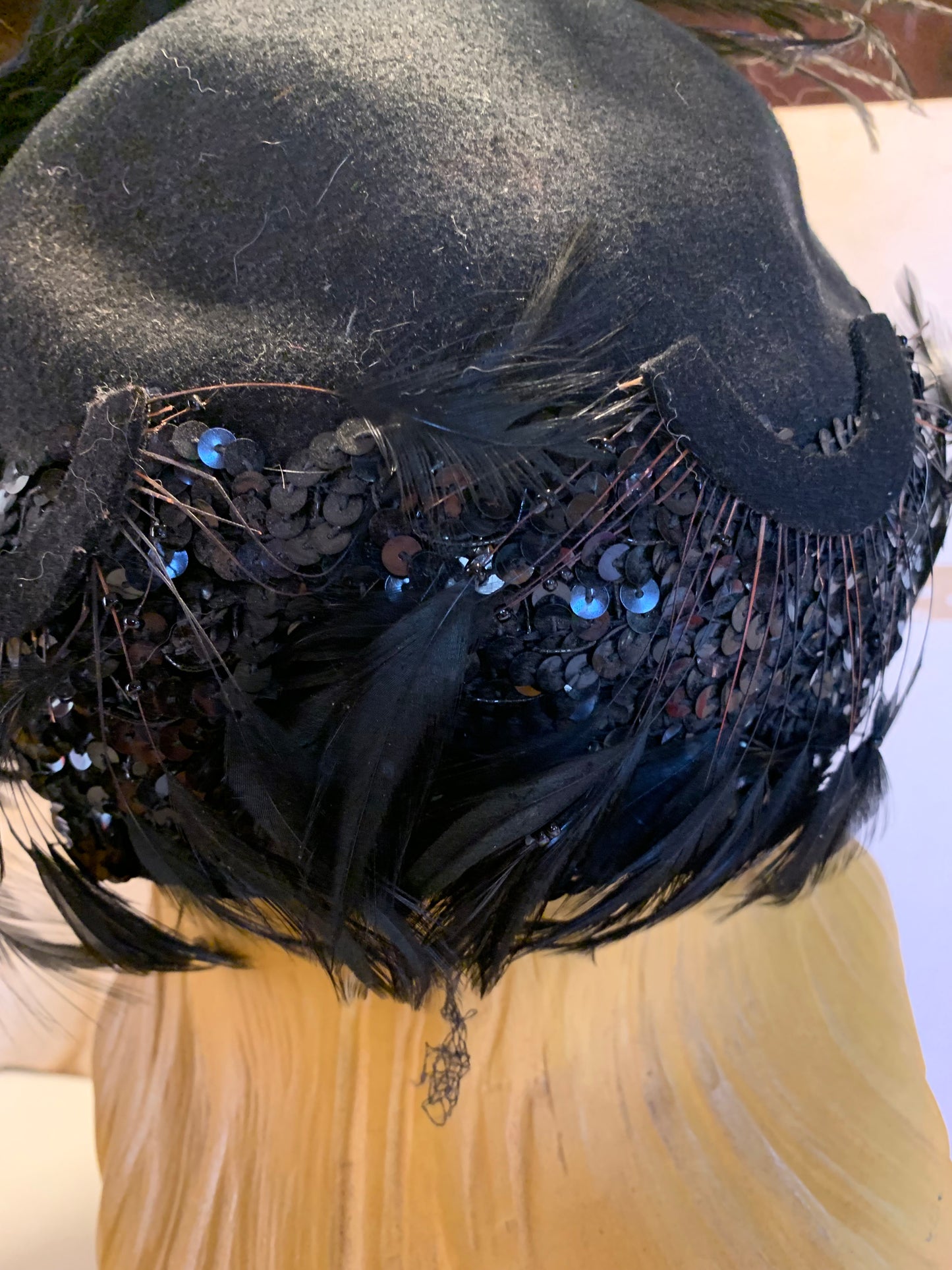 Feather and Sequined Turban Inspired Black Wool Hat circa 1940s