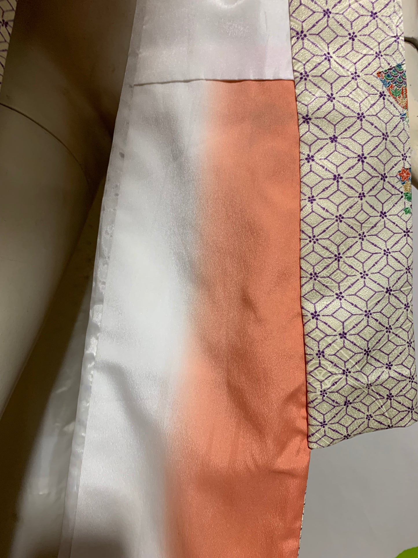 Parasol Print Pastel Super Long Kimono Pink Dyed Lining Edges circa 1970s
