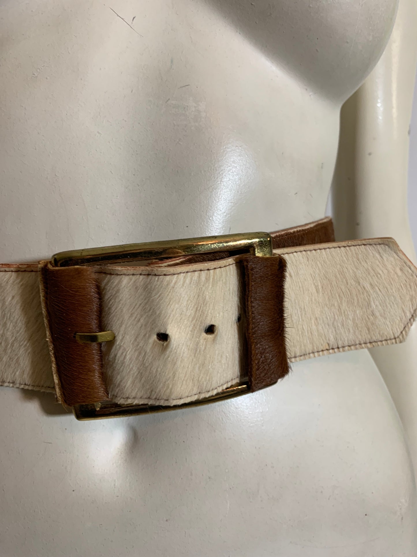 Brown and White Cowhide Wide Leather Belt circa 1970s