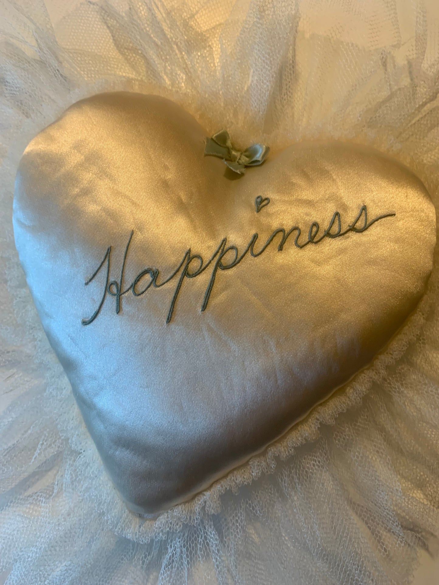 Something Old, Something Blue- "Happiness" Embroidered Satin Heart Shaped Pillow circa 1940s
