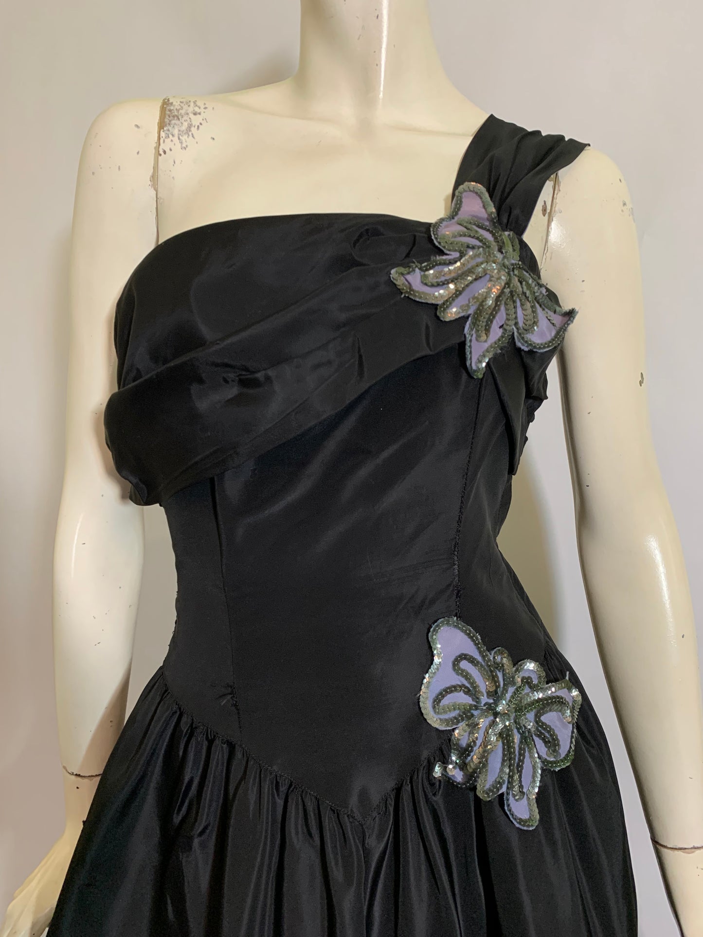 One Shoulder Black Taffeta Dress with Pale Blue Sequined Butterflies and Bow Back circa 1940s