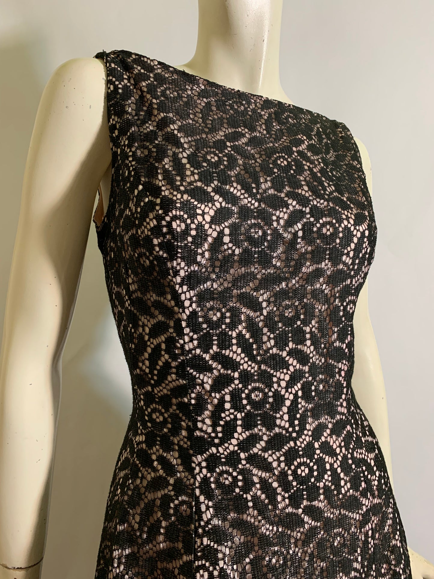 Black and Pink Illusion Lace Full Skirt Dress circa 1960s