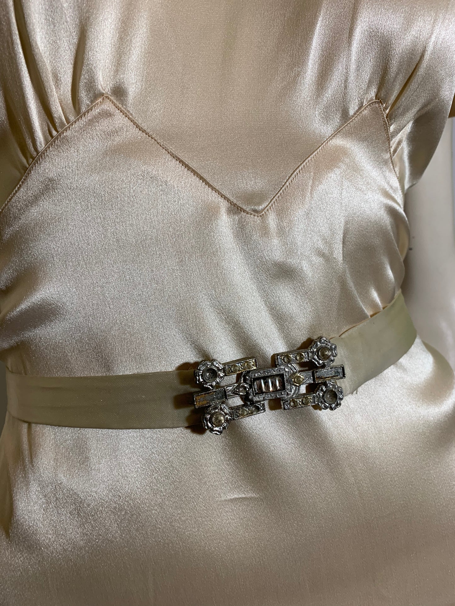 Art Deco Ivory Silk Wedding Dress with Long Train Jacket and Rhinestone Belt circa 1930s