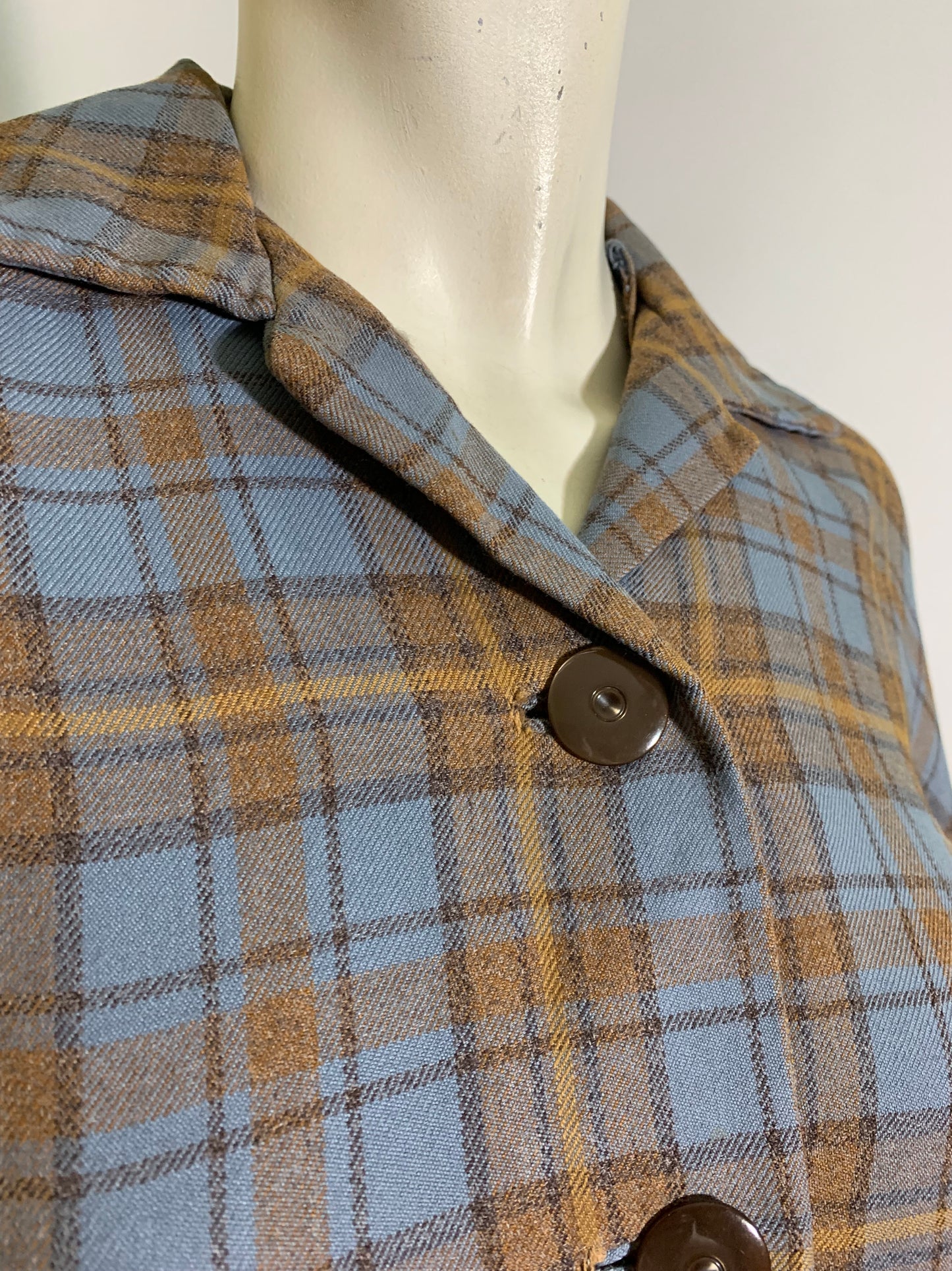 Chic Blue and Mocha Wool Plaid Shirtwaist Dress circa 1950s