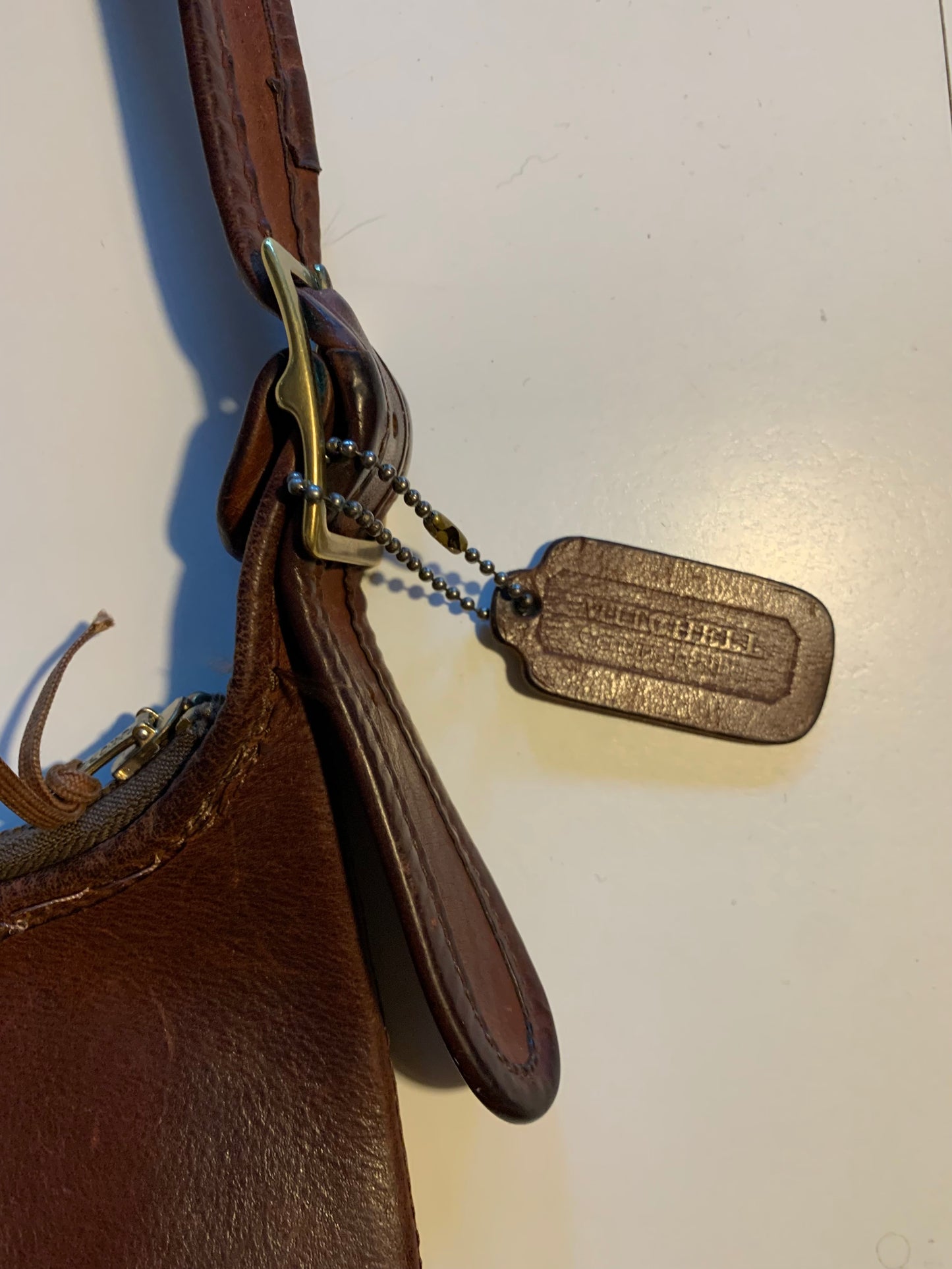 Large Mahogany Heavy Leather Cross Body Buckle Strap Handbag circa 1970s