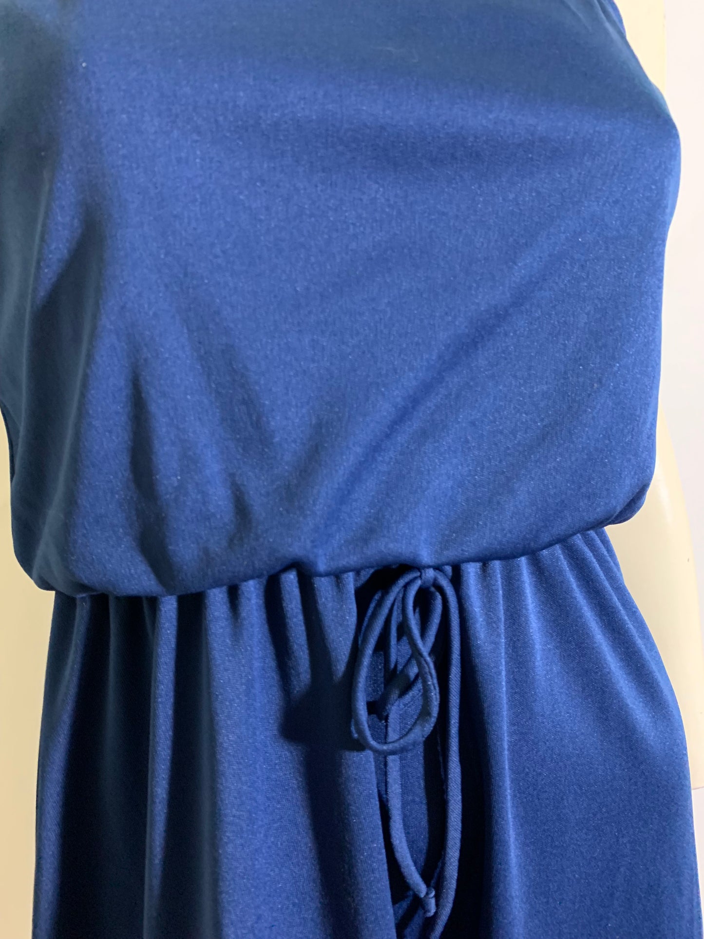 Deep Blue Jersey Nylon Spaghetti Strap Disco Dress circa 1970s