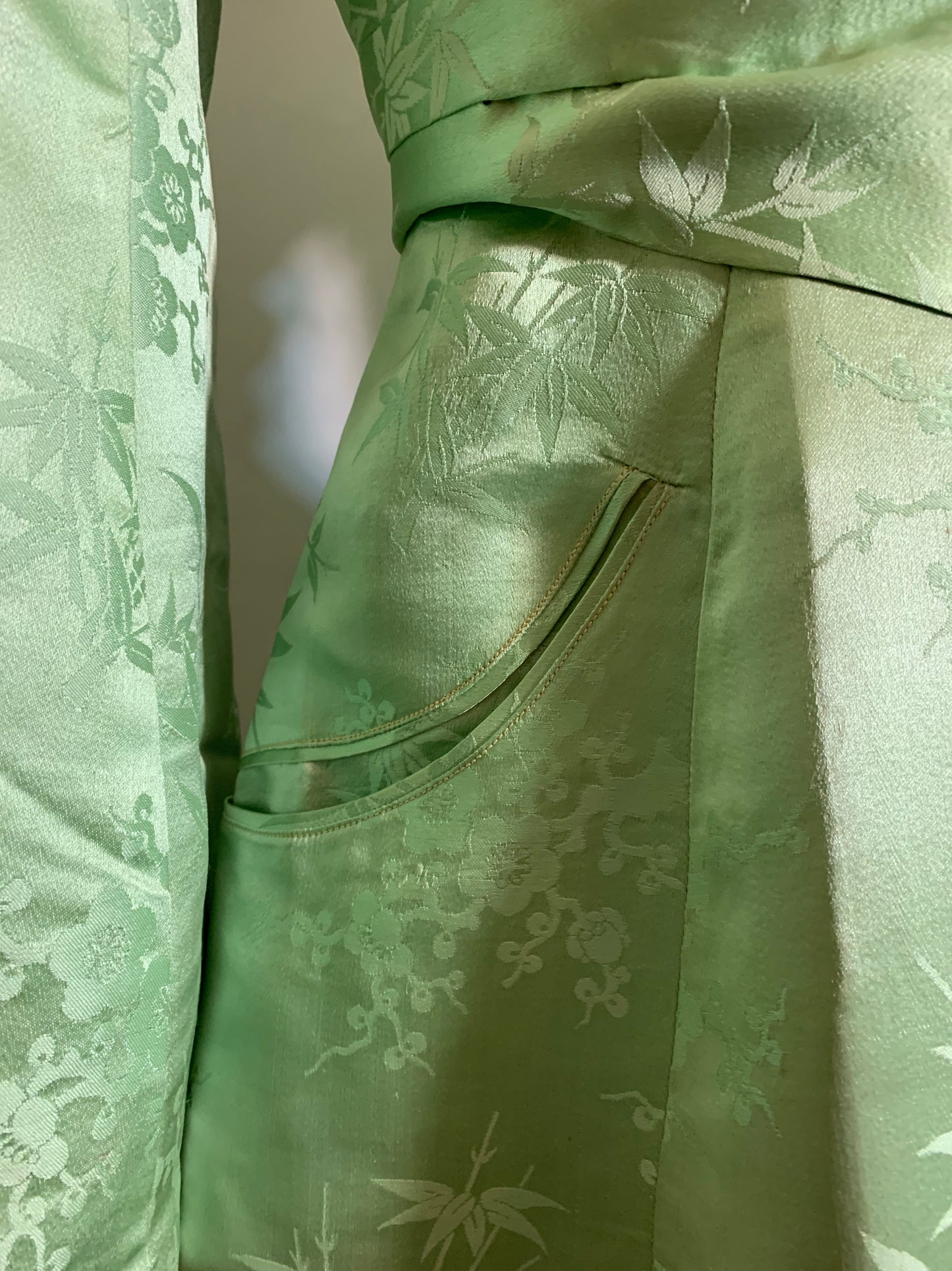 Seafoam Chinese Silk and Black Silk Charmeuse Bell Sleeve Dressing Gown Robe circa 1940s
