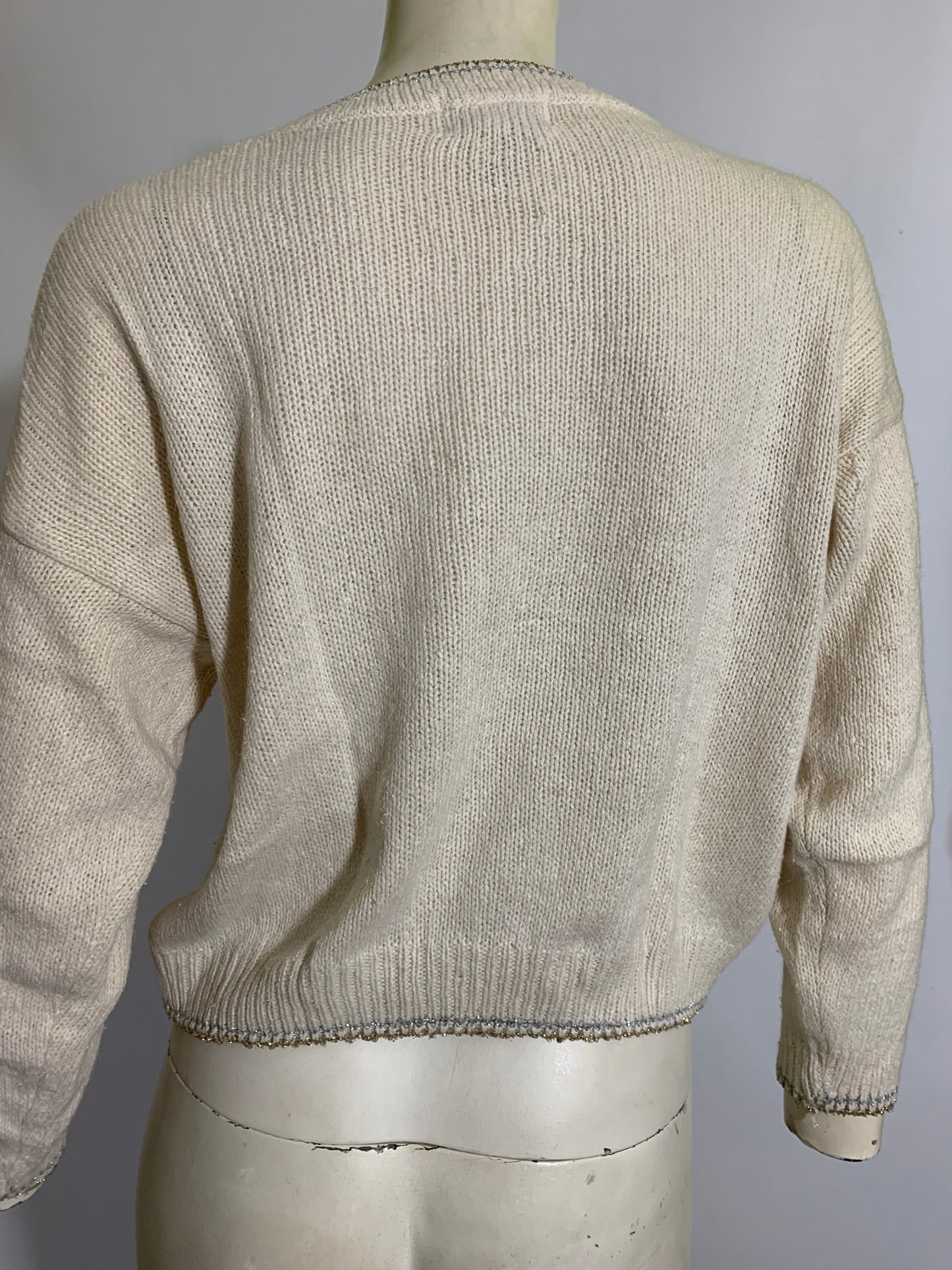 Angora Blend Sweater with Gold and Silver Metallic Geometric Design circa 1980s